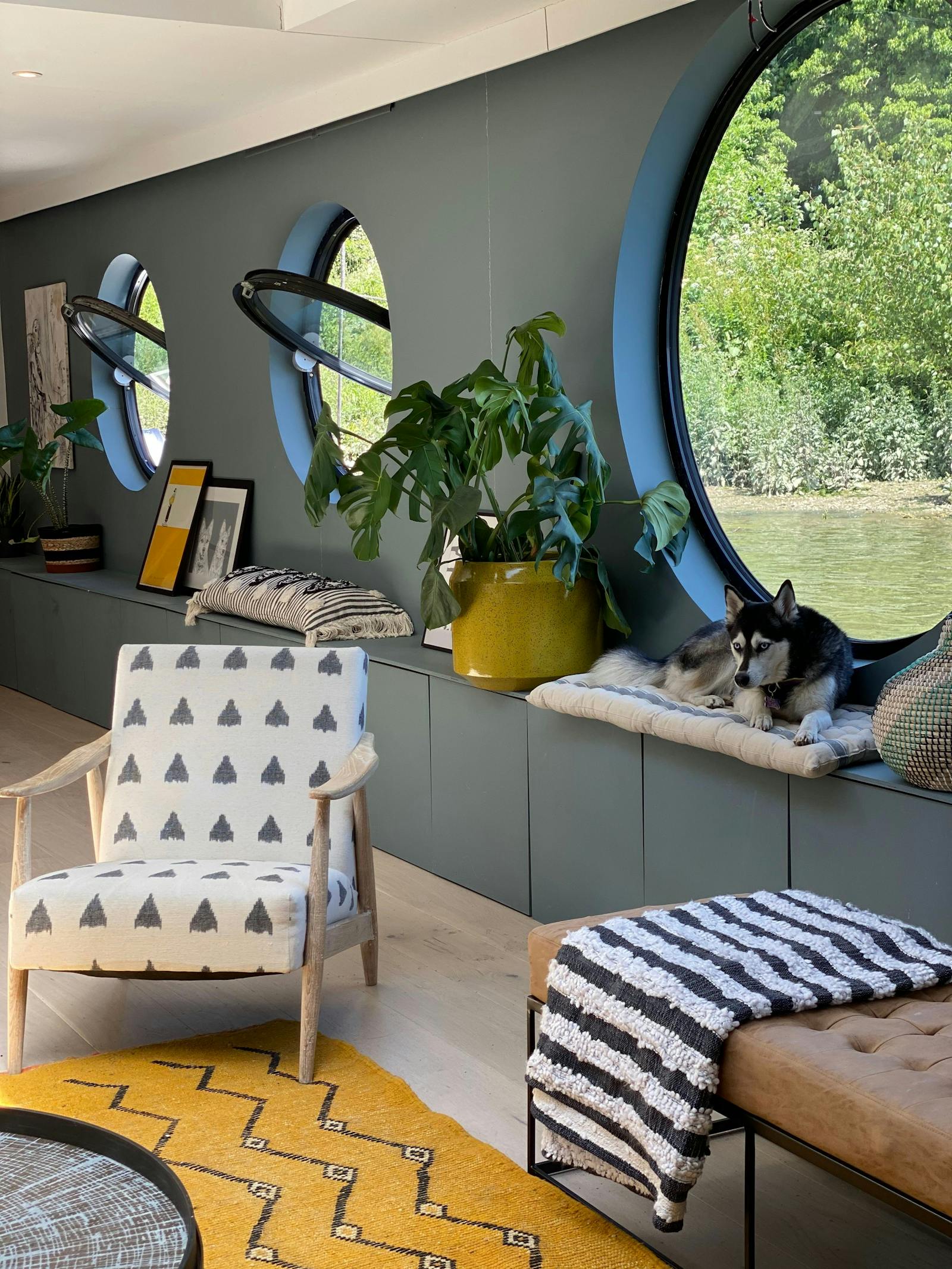 Living room painted in dark blue and decorated with geometric soft furnishings
