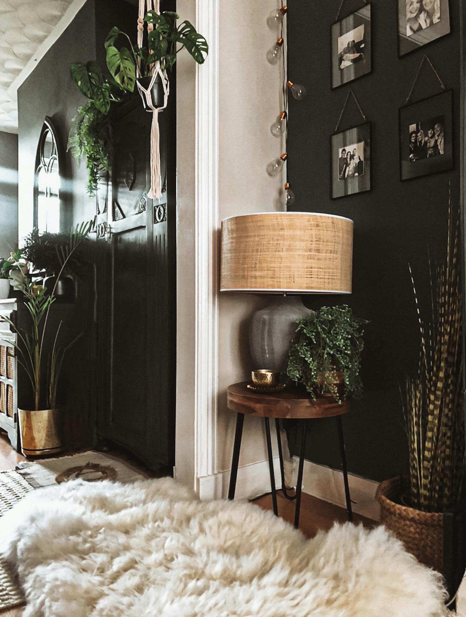 Hallway corner with black wall and a fuzzy rug