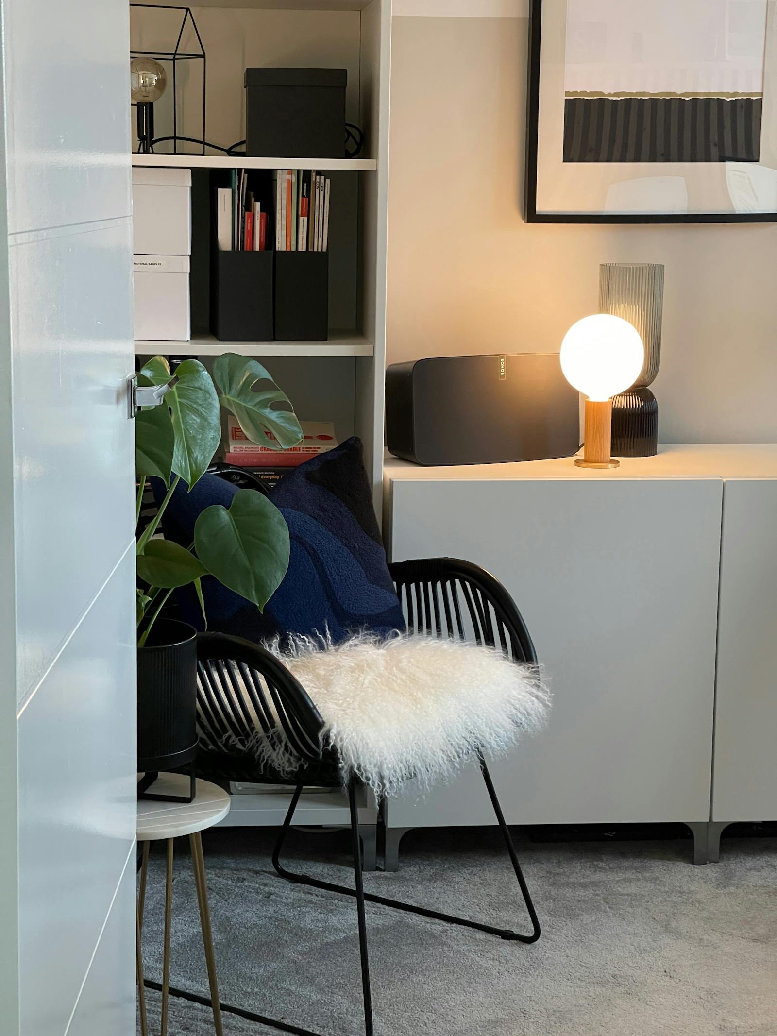 Scandinavian inspired living room with blue and grey furnishings
