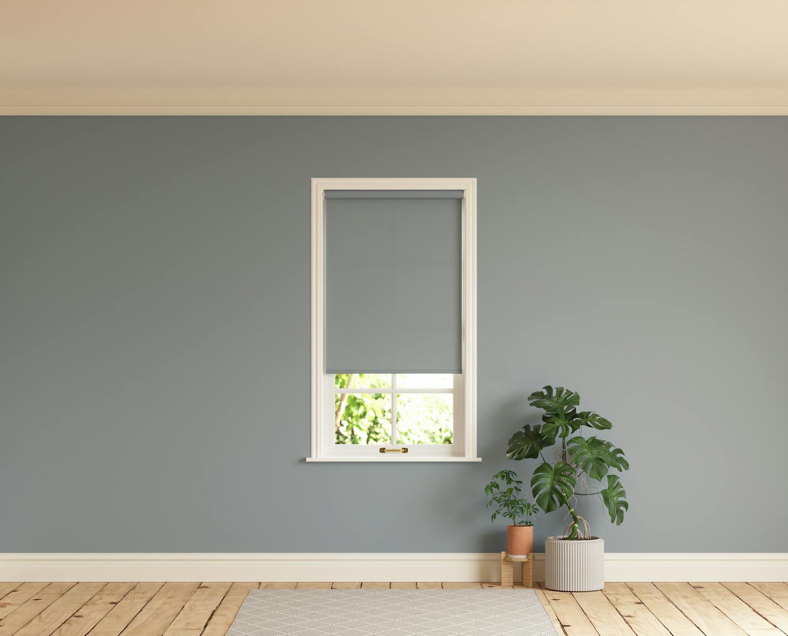 Room with walls painted in Lick Grey 06 and Grey 06 roller blinds