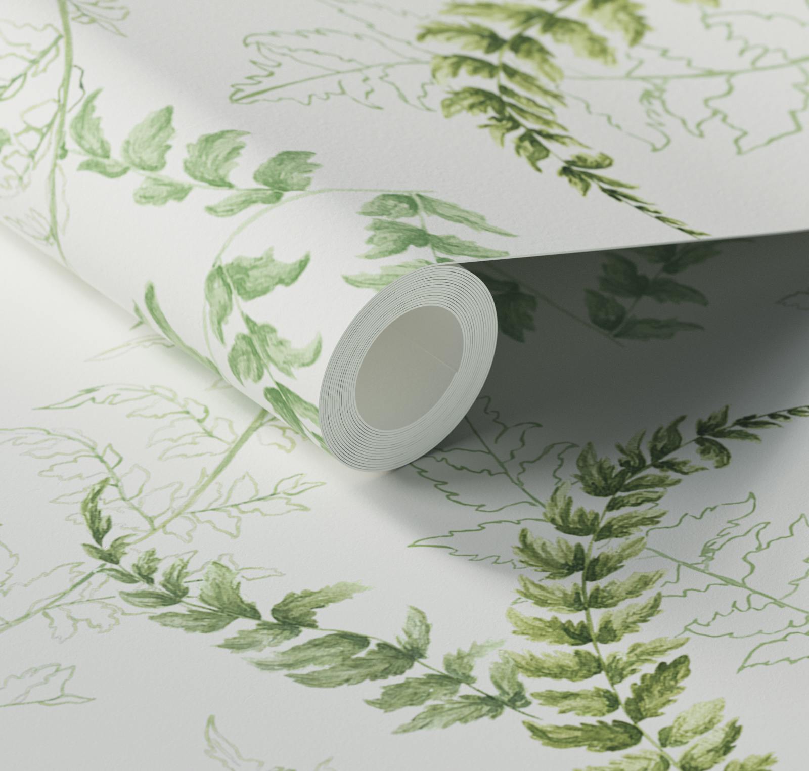 Close up of Lick x Jenna Hewitt Fern 01 green botanical wallpaper