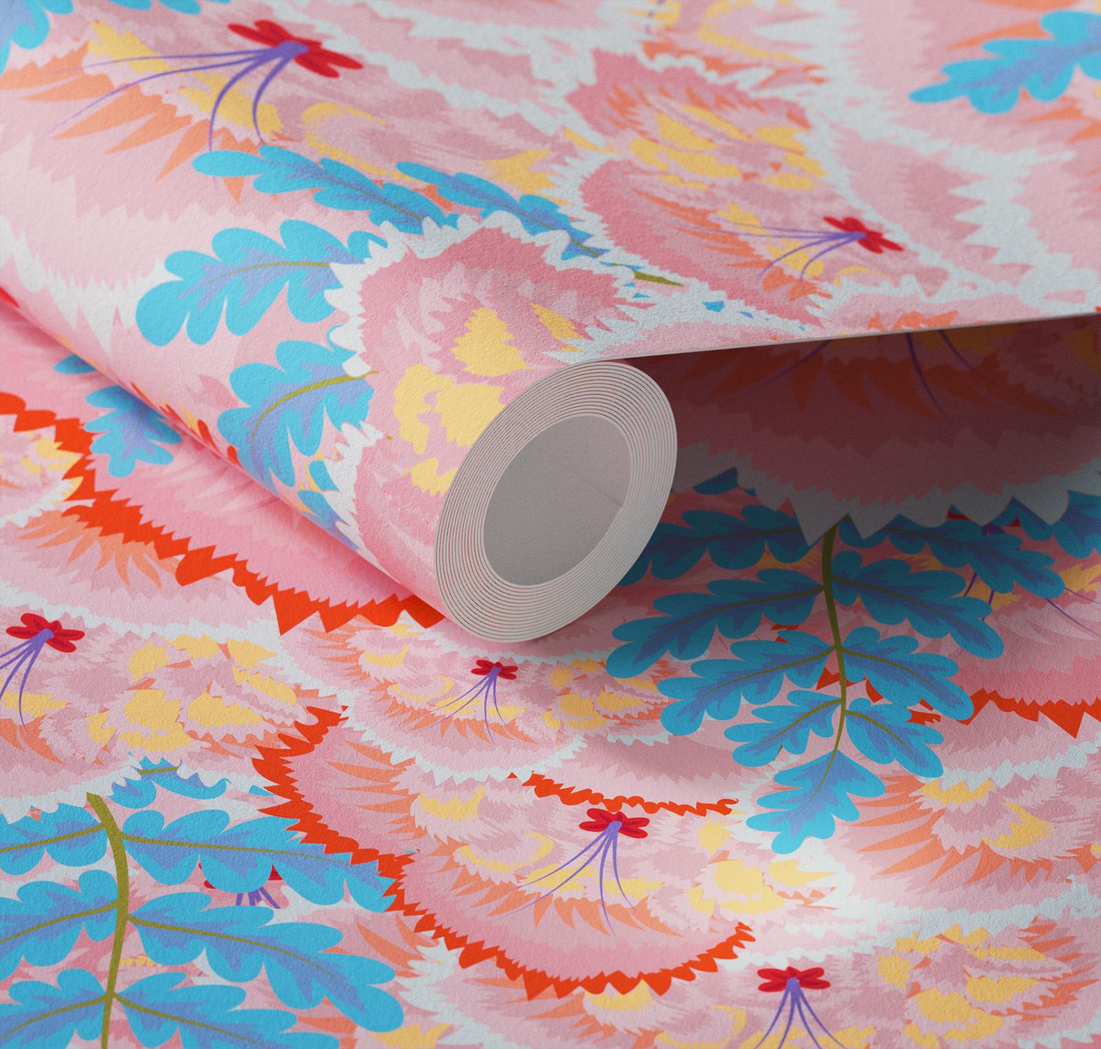 Close up of Lick x Natasha Coverdale Electric Poppies floral wallpaper in pink