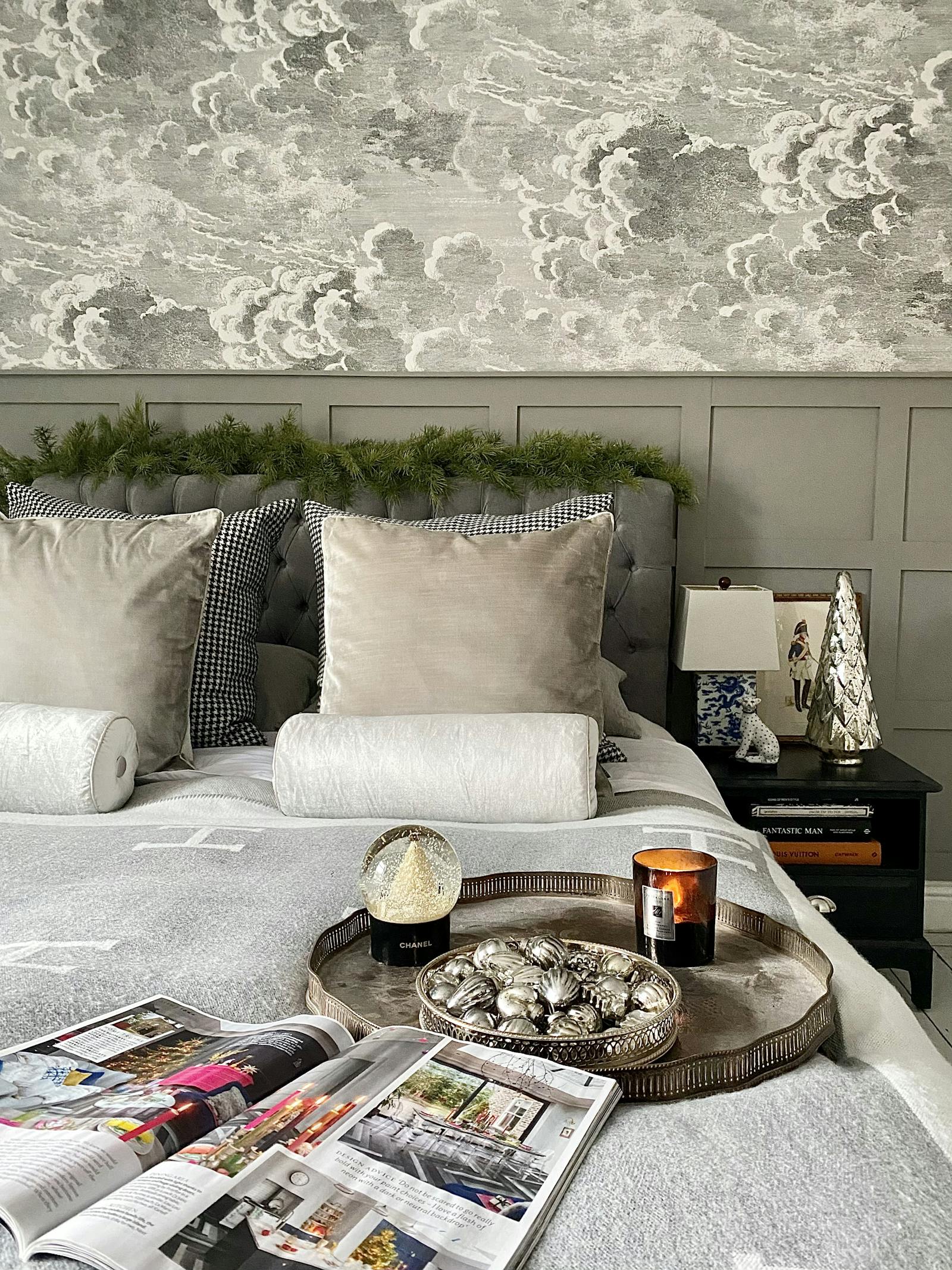 Neutral bedroom with subtle Christmas decorations