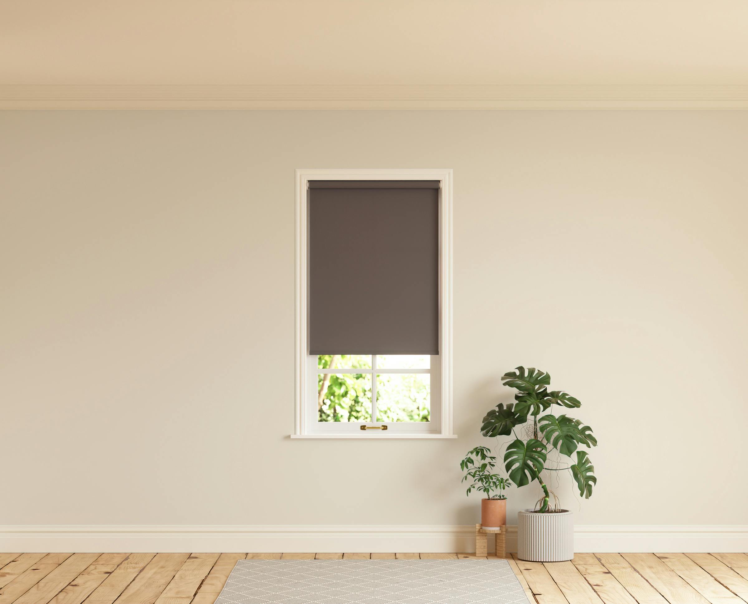 Room with walls painted in Lick Beige 01 and Brown 01 roller blinds