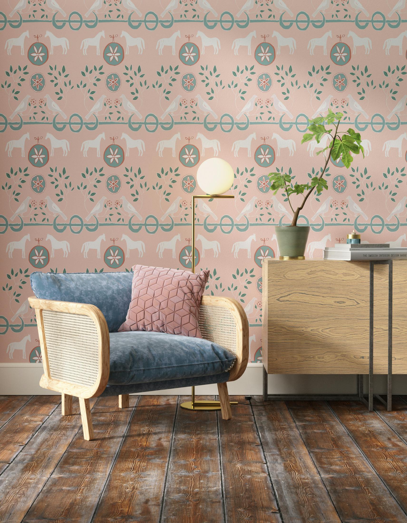 Living room decorated with Lick x Annika Reed Dove 01 kid's pink dove wallpaper
