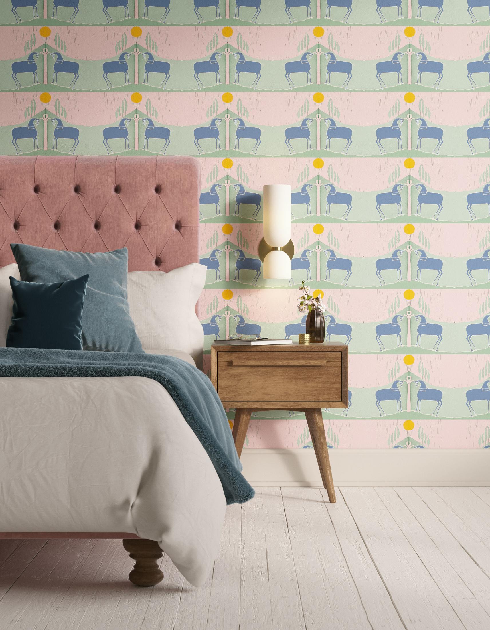 Bedroom decorated with Lick x Annika Reed Western 03 pink and mint green animal wallpaper
