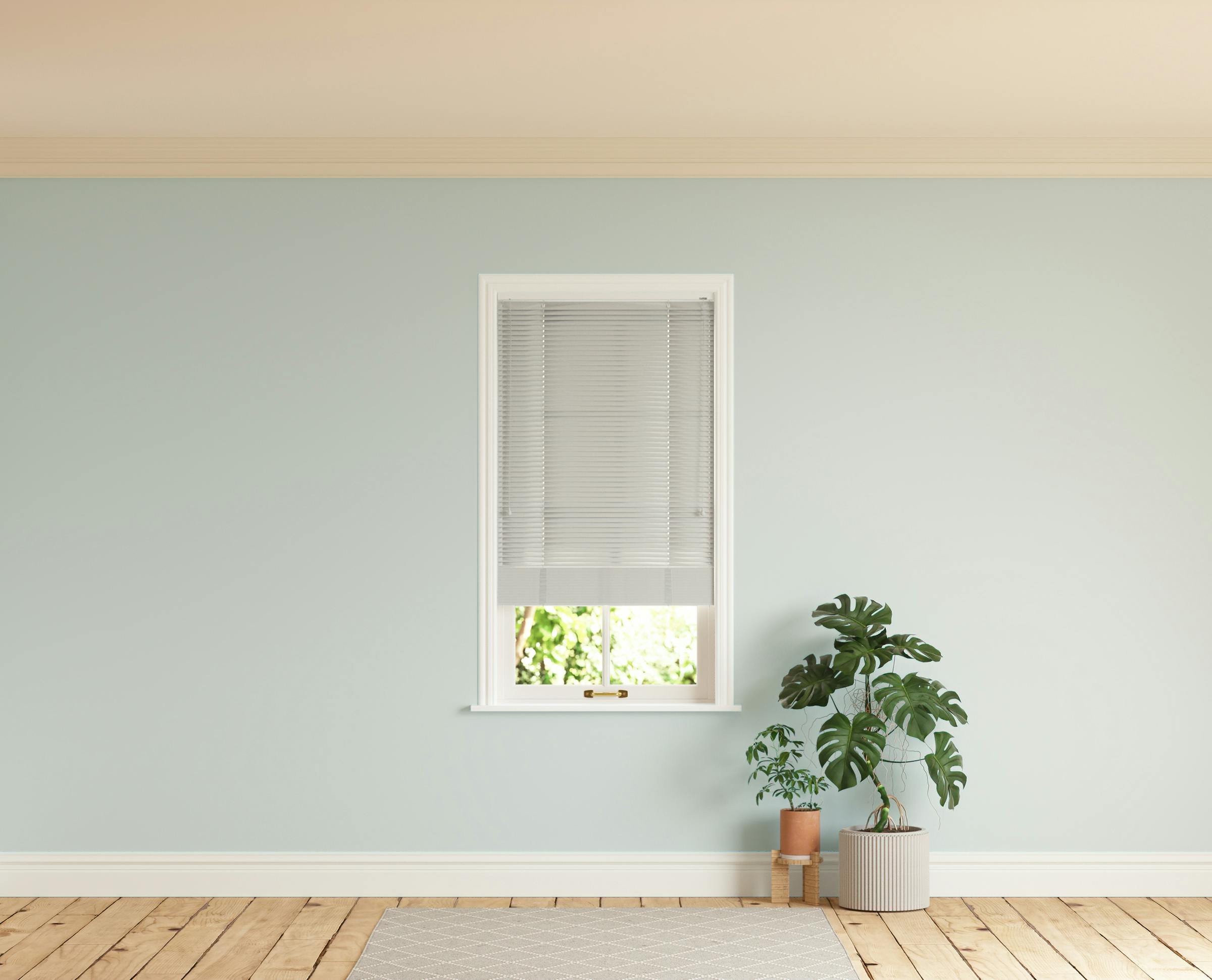 Room with walls painted in Lick Blue 01 and Grey 03 Venetian fine grain blinds