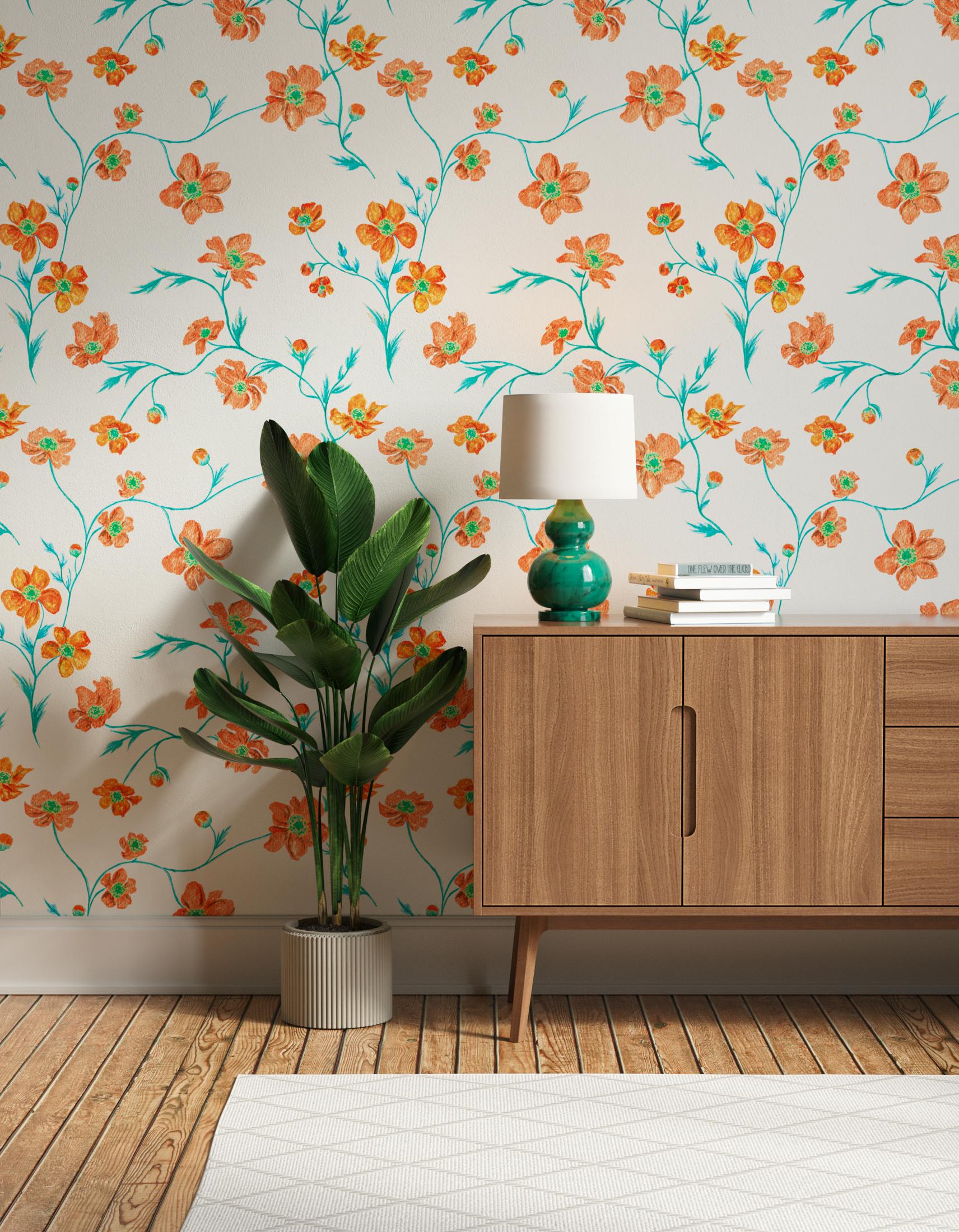 Hallway decorated with Lick x Jenna Hewitt Anemone 02 orange floral wallpaper