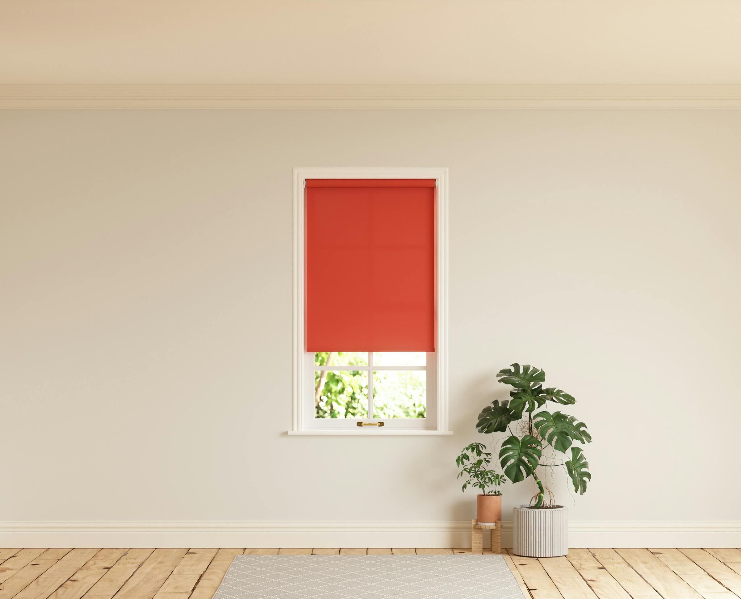 Room with walls painted in Lick White 04 and Red 02 roller blinds