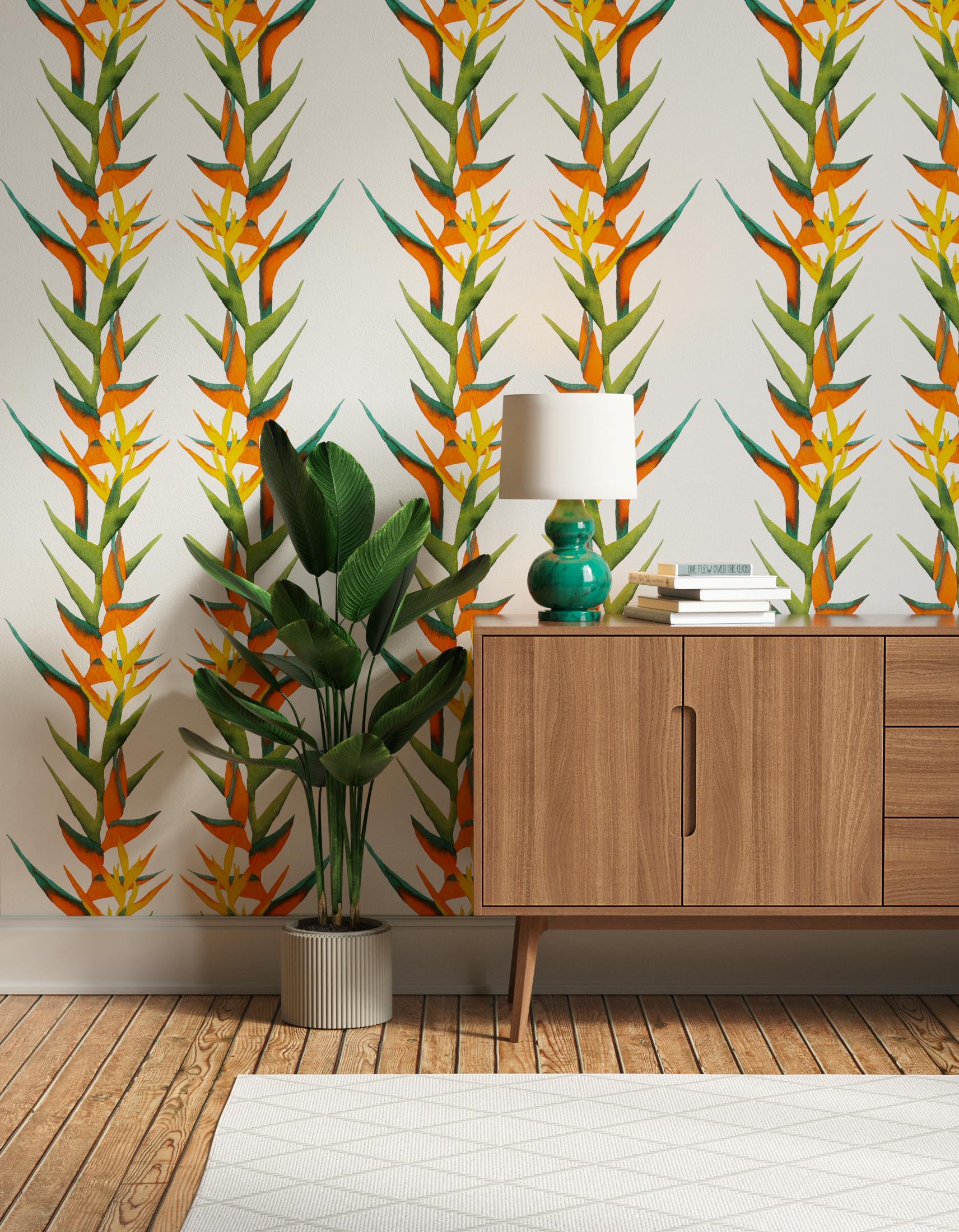 Hallway decorated with Lick x Belinda Bayley Paradise Vine 01 orange exotic botanical wallpaper
