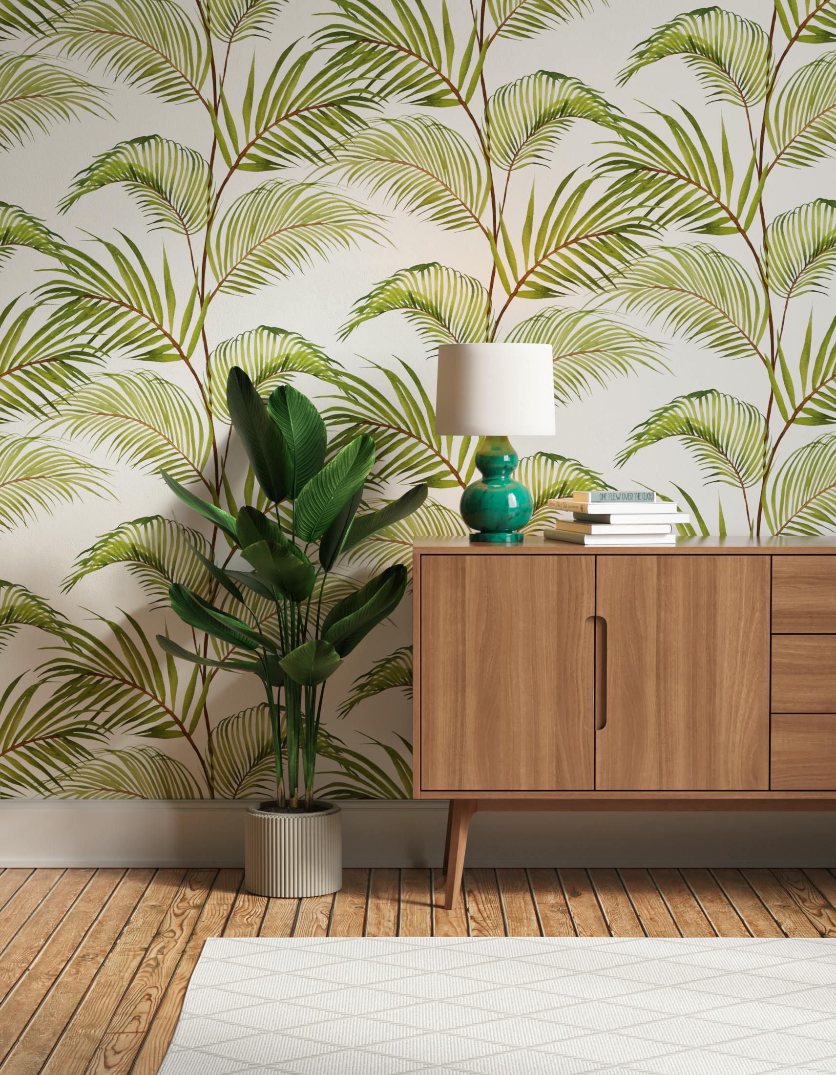 Hallway decorated with Lick x Belinda Bayley Jungle 03 white and green palm leaf wallpaper