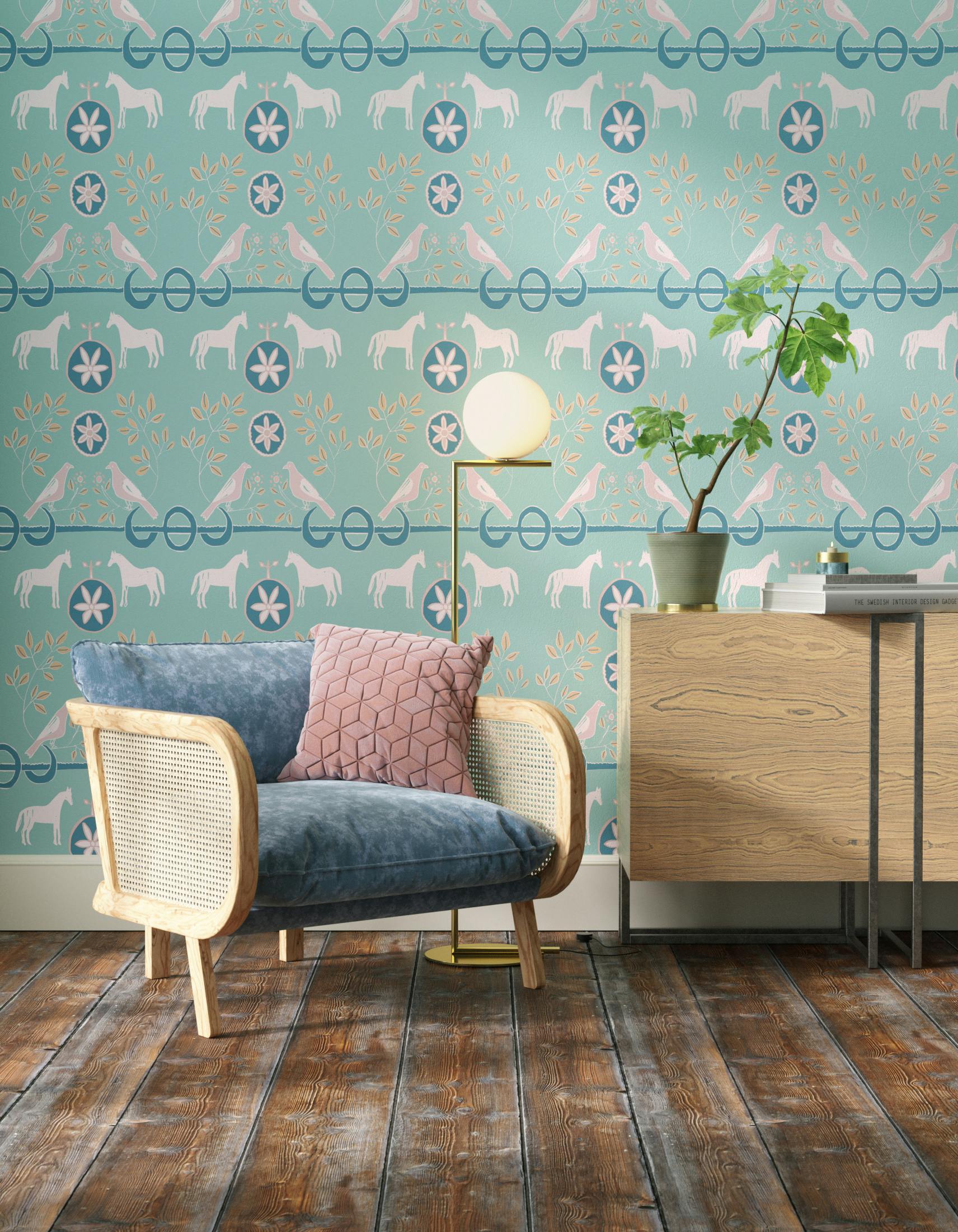 Living room decorated with Lick x Annika Reed Dove 02 kid's green dove wallpaper