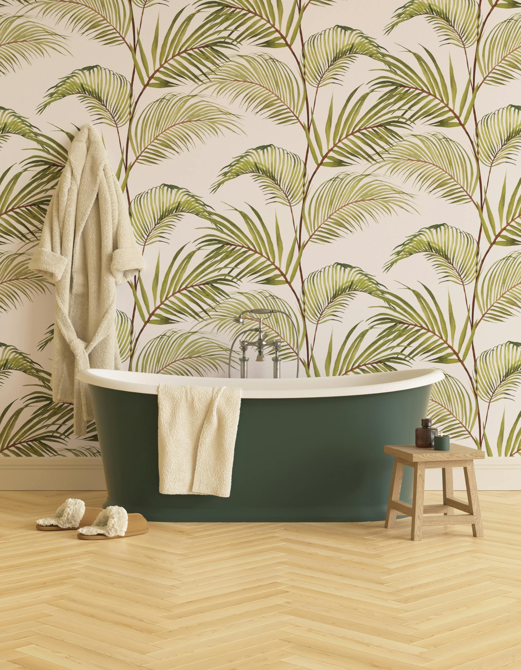 Bathroom decorated with Lick x Belinda Bayley Jungle 03 white and green palm leaf wallpaper