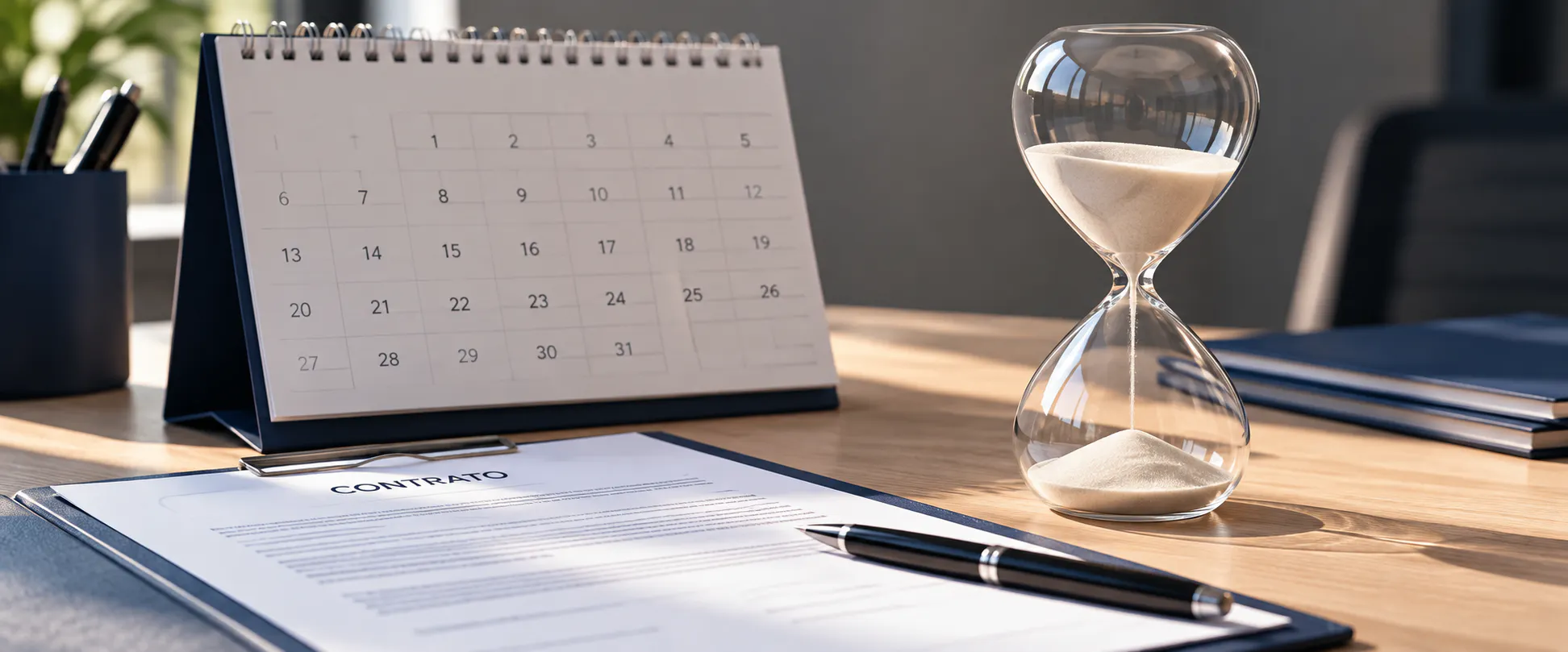 Calendário, contrato e ampulheta representando a duração do contrato de mão de obra temporária