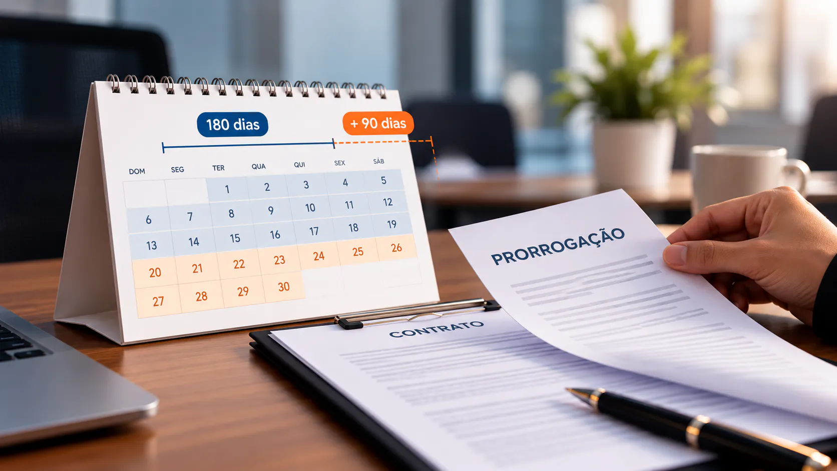 Calendário e contrato representando a prorrogação do trabalho temporário por até 90 dias