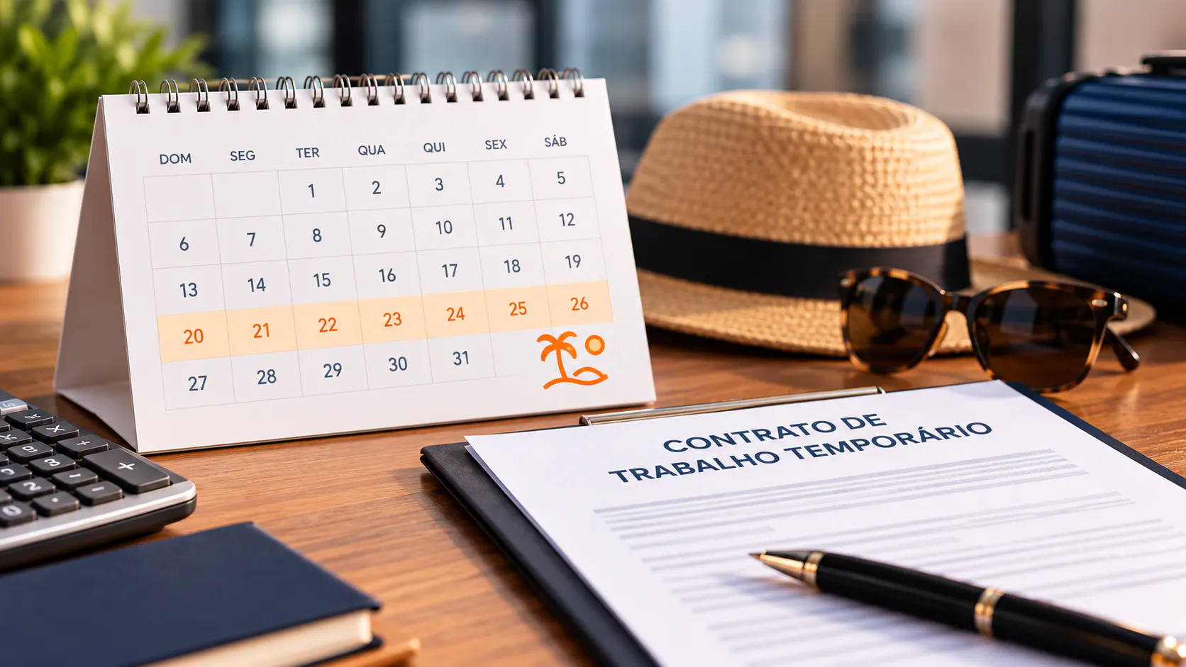Calendário, contrato temporário e itens de viagem representando as férias do trabalhador temporário