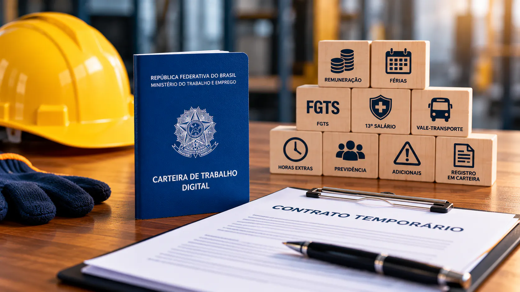 Tabela com os principais direitos do trabalhador temporário, incluindo FGTS, 13º salário, férias, horas extras e Previdência Social