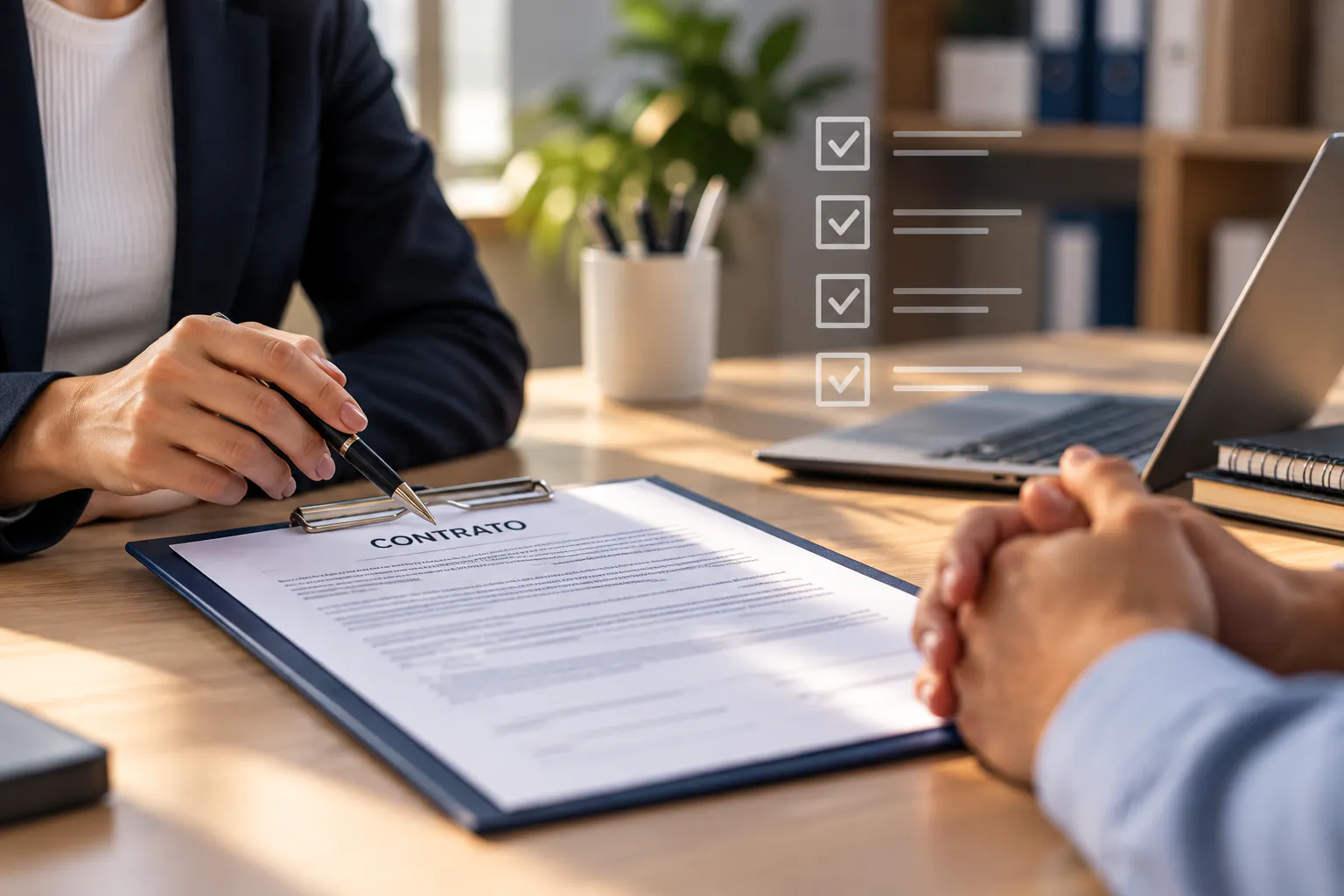 Profissionais analisando contrato e requisitos para contratação de mão de obra temporária