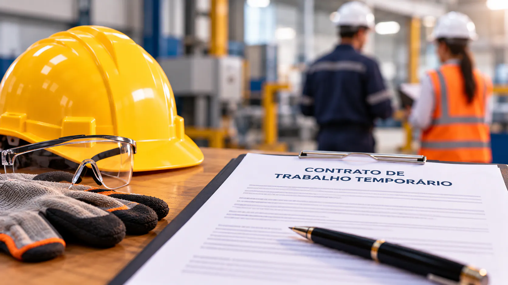 Equipamentos de proteção e contrato representando a segurança do trabalhador temporário