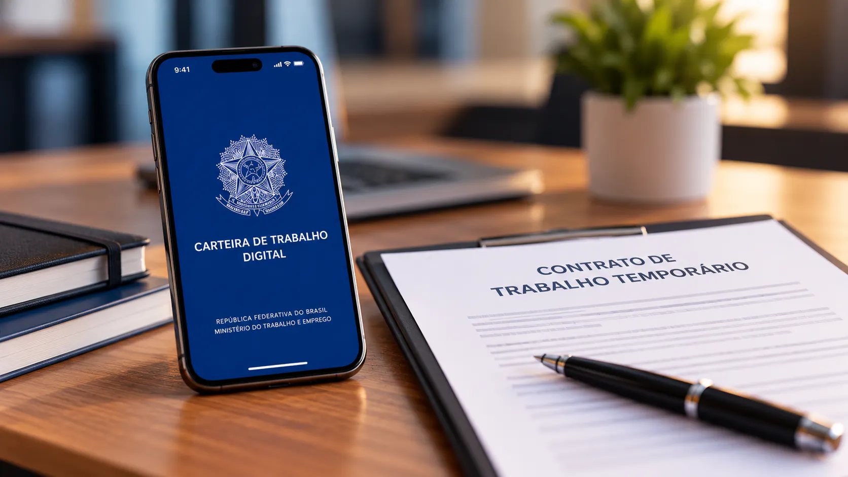 Carteira de Trabalho Digital ao lado de contrato de trabalho temporário
