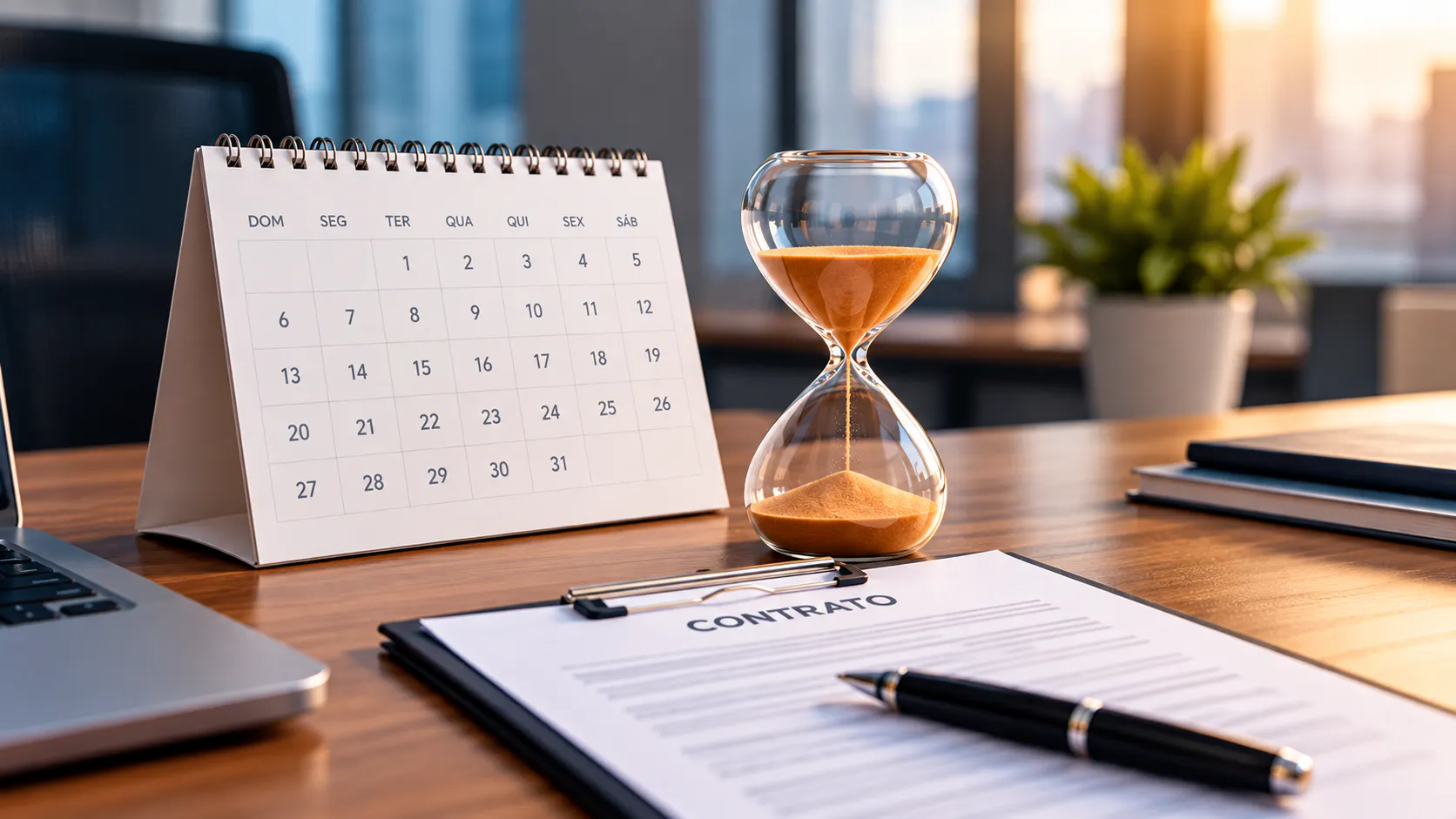 Calendário, ampulheta e contrato representando a duração do contrato de trabalho temporário