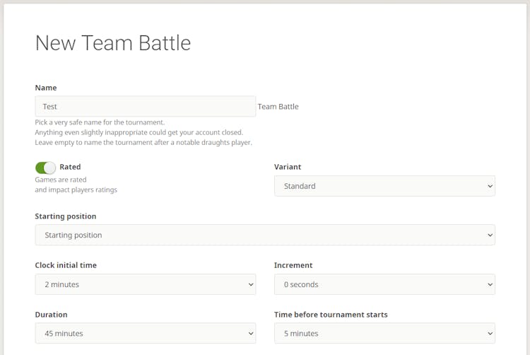 Team battle tournament settings