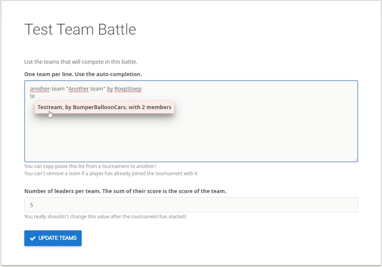 Team battle teams and leaders settings