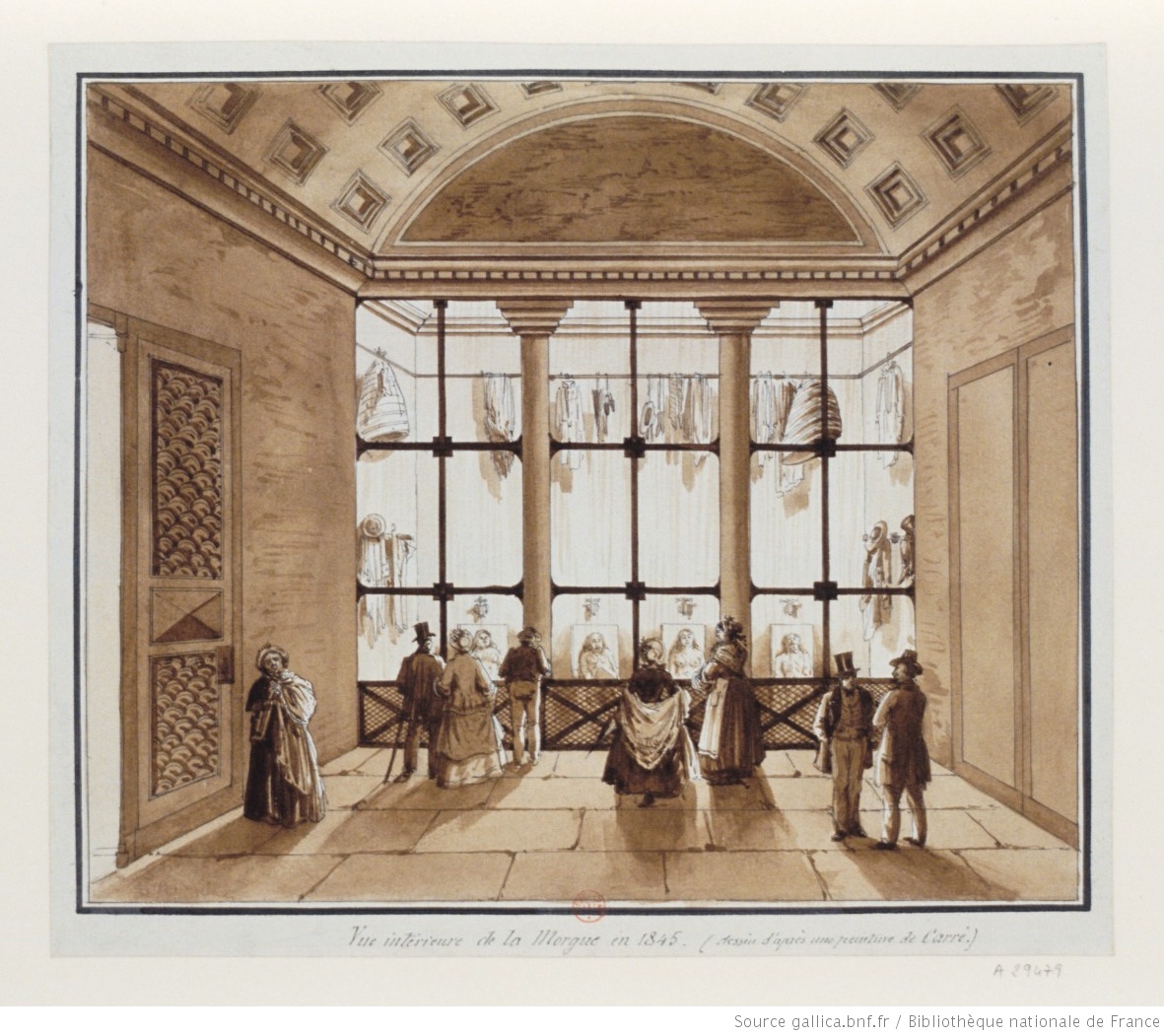 Drawing from 1845 of La Morgue, Paris. People in large hall look through a window at four bodies