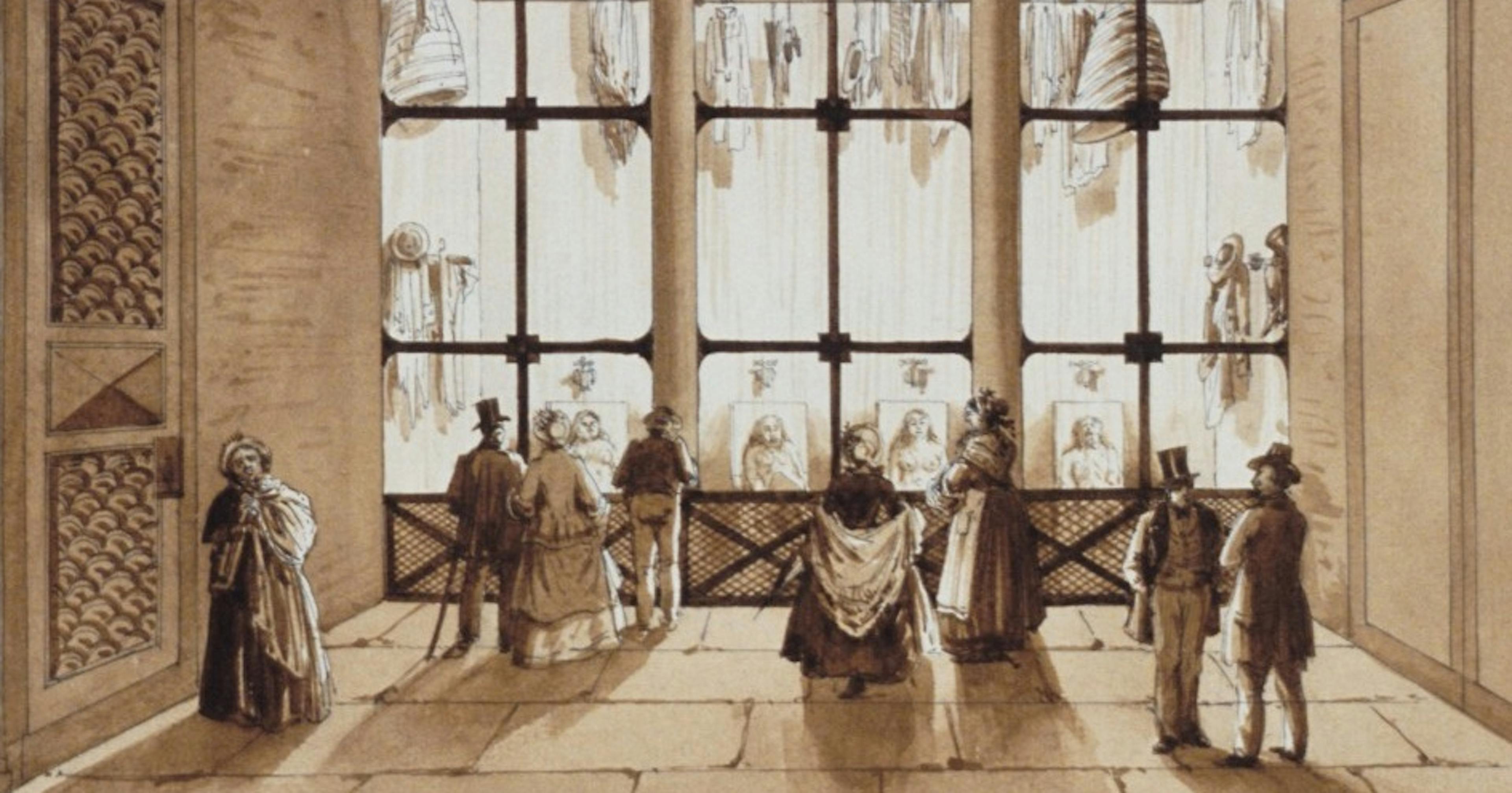 Drawing from 1845 of La Morgue, Paris. People in large hall look through a window at four bodies
