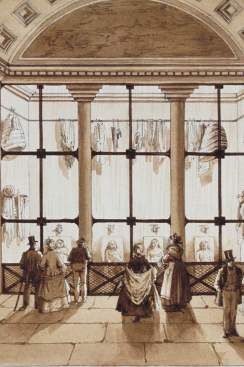 Drawing from 1845 of La Morgue, Paris. People in large hall look through a window at four bodies