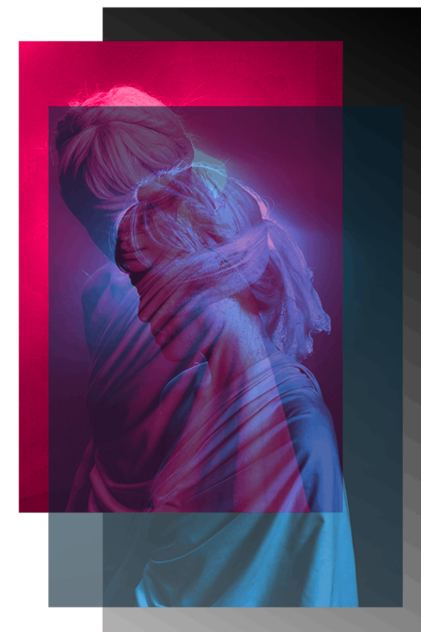 Double exposure of model portraying Themis