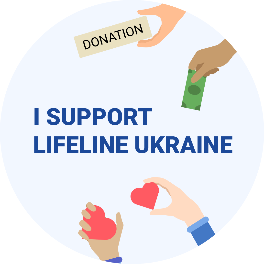 On the picture - hands holding money, heart and donations ‘I support LifeLine Ukraine’