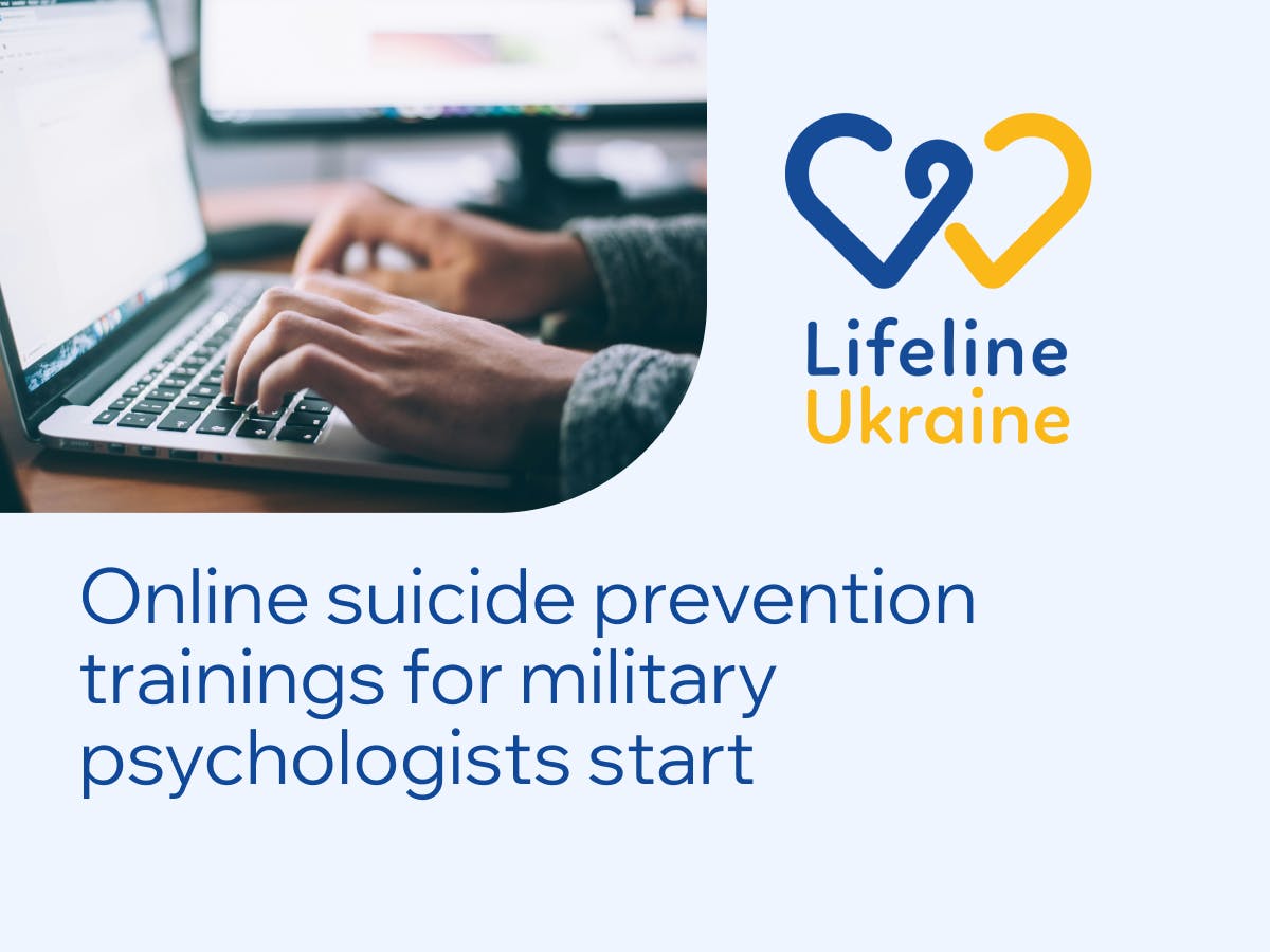 Pictured: a person working at a laptop, LifeLine Ukraine, ‘Online suicide prevention trainings for military psychologists start’