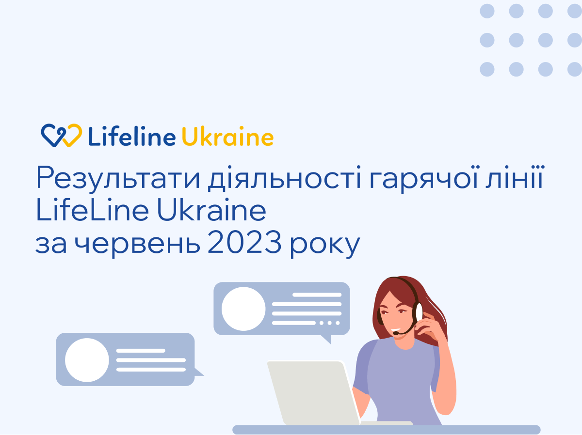 На зображенні - значки діалогу та персонаж зі слухавкою, логотип LifeLine Ukraine та номер 7333 та напис "Результати діяльності гарячої лінії LifeLine Ukraine за червень 2023 року"