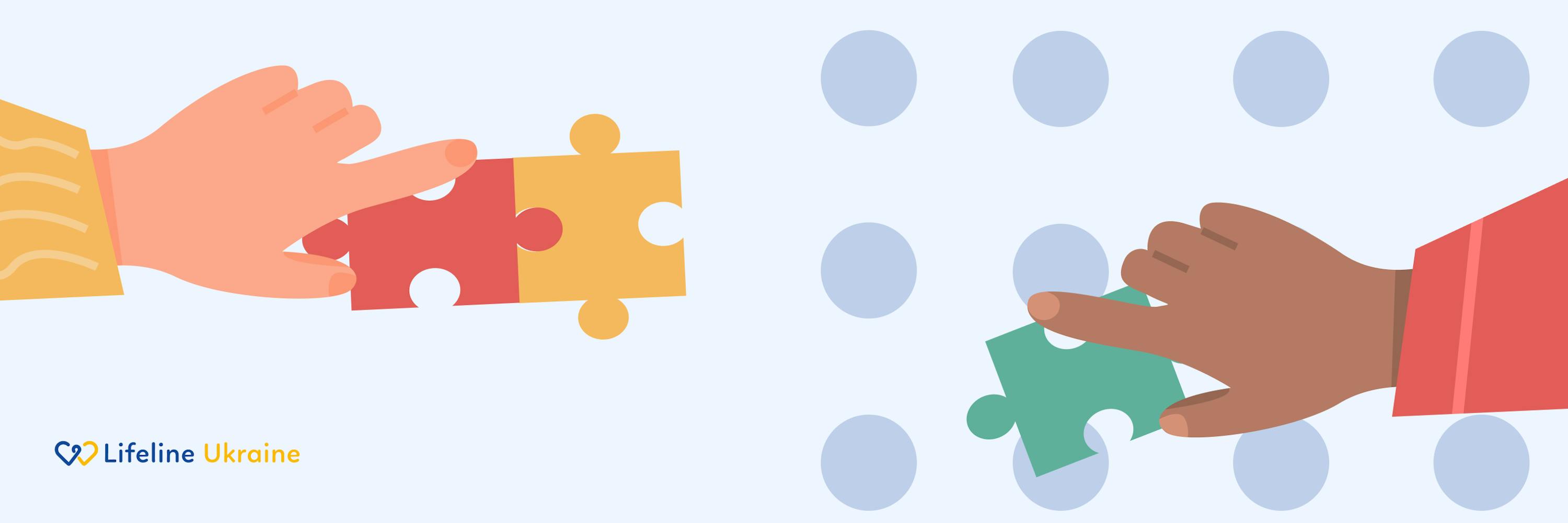 На зображенні - крупним планом показані руки двох людей, які складають кольорові пазли