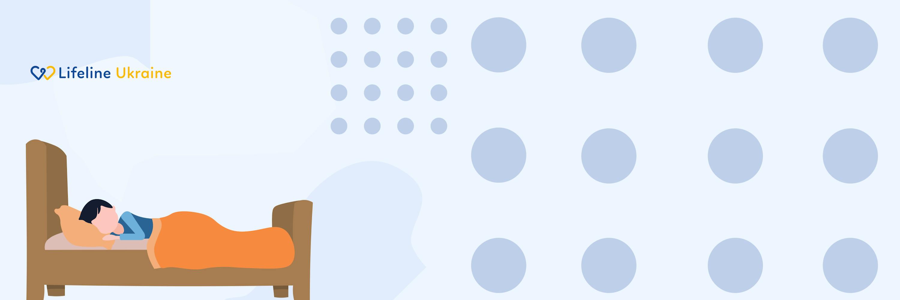 The image shows a character sleeping in a bed on his side, covered with an orange blanket, the LifeLine Ukraine logo
