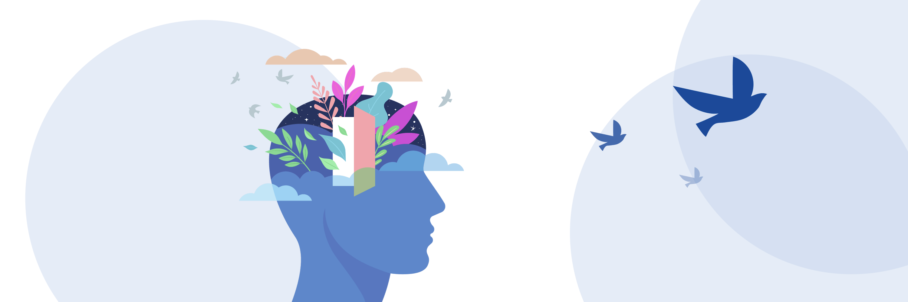The image shows a silhouette of a person’s head with colorful plants and an open door, symbolising self-discovery, personal growth, and mental freedom. Birds flying in the background emphasise liberation.