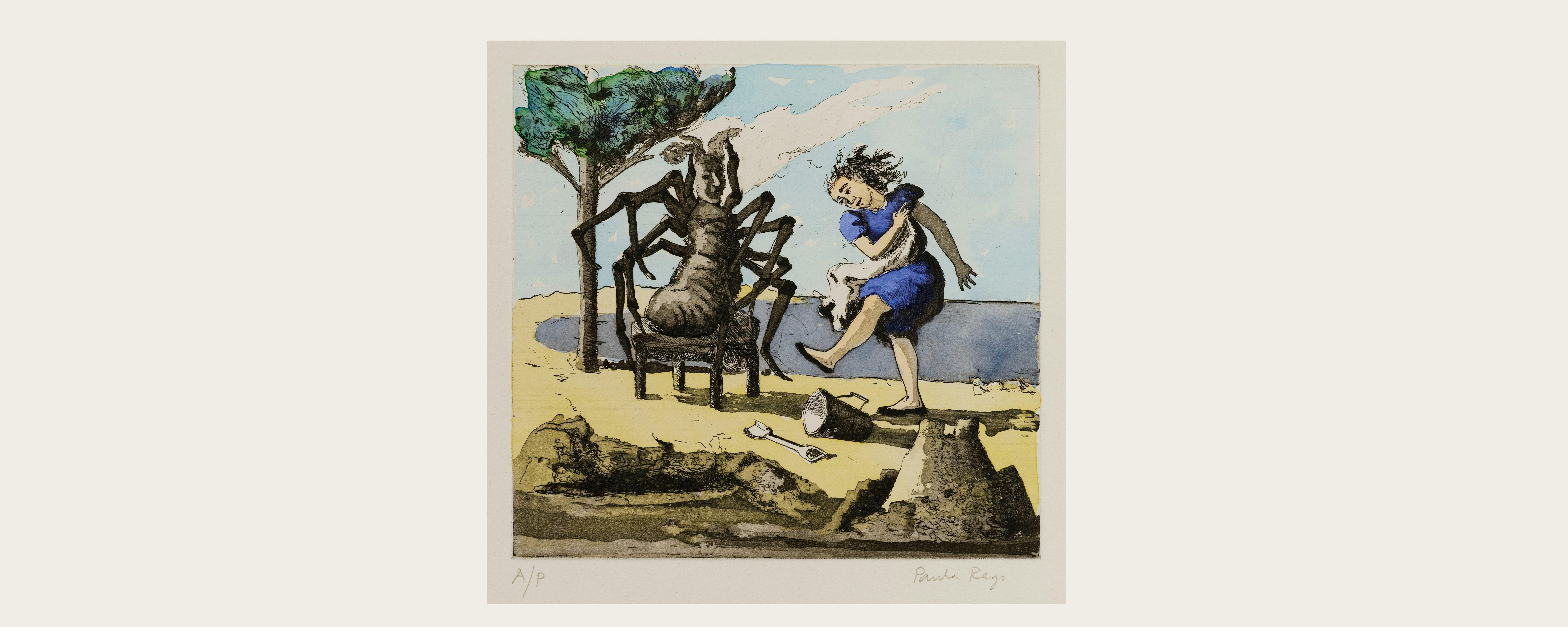 Image: Paula Rego, Little Miss Muffet II, 1989, hand coloured etching and aquatint, edition of 50