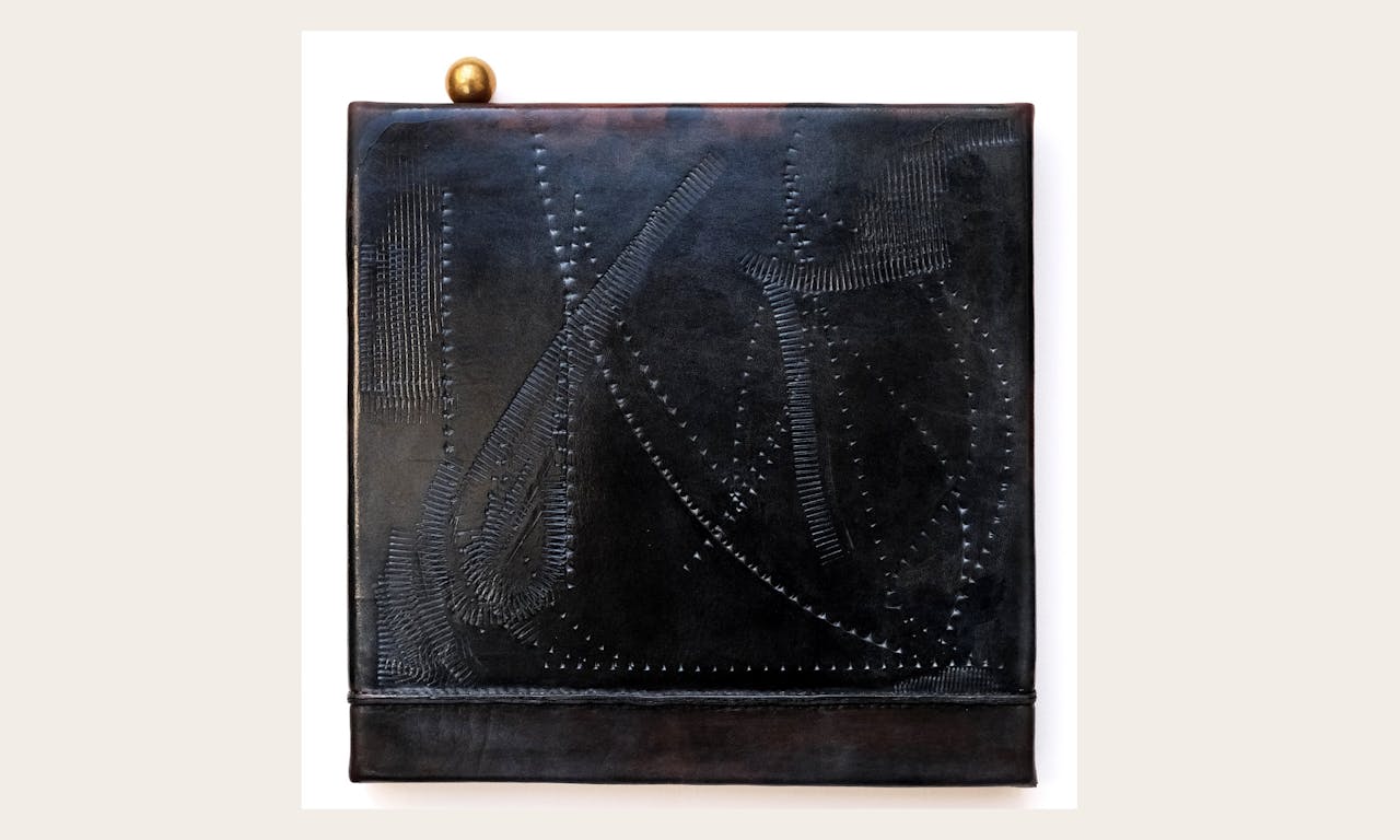 Frances Pinnock (b. 1990), Light Sleeper, 2024, Leather, brass, horsehair, iron sulphate, calligraphy ink, shellac, © Frances Pinnock, photography the artist