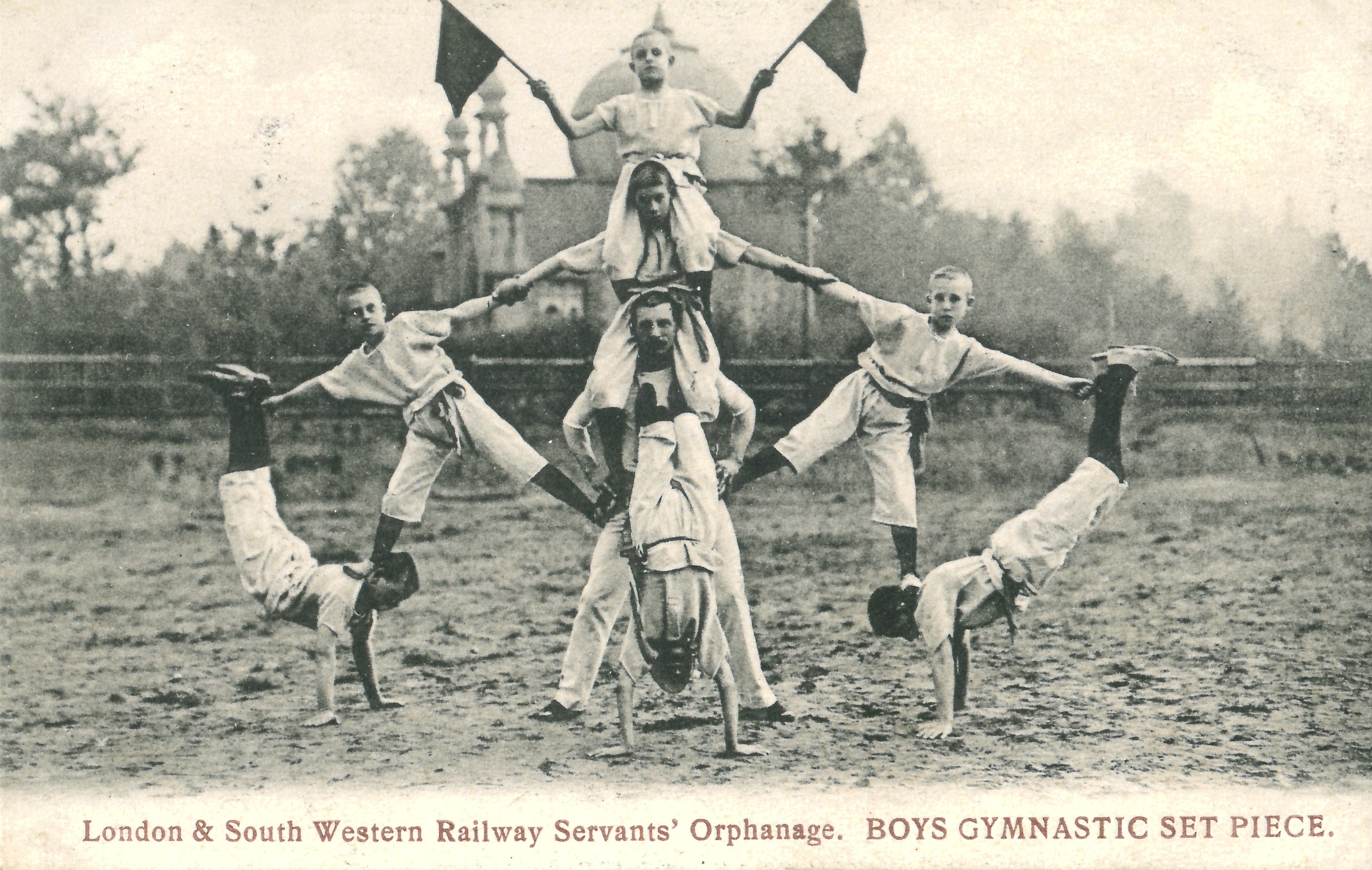 Postcard of London & South Western Railway Servants' Orphanage Boys Gymnastic Set Piece, Woking, c. 1914 LGM Heritage Collection