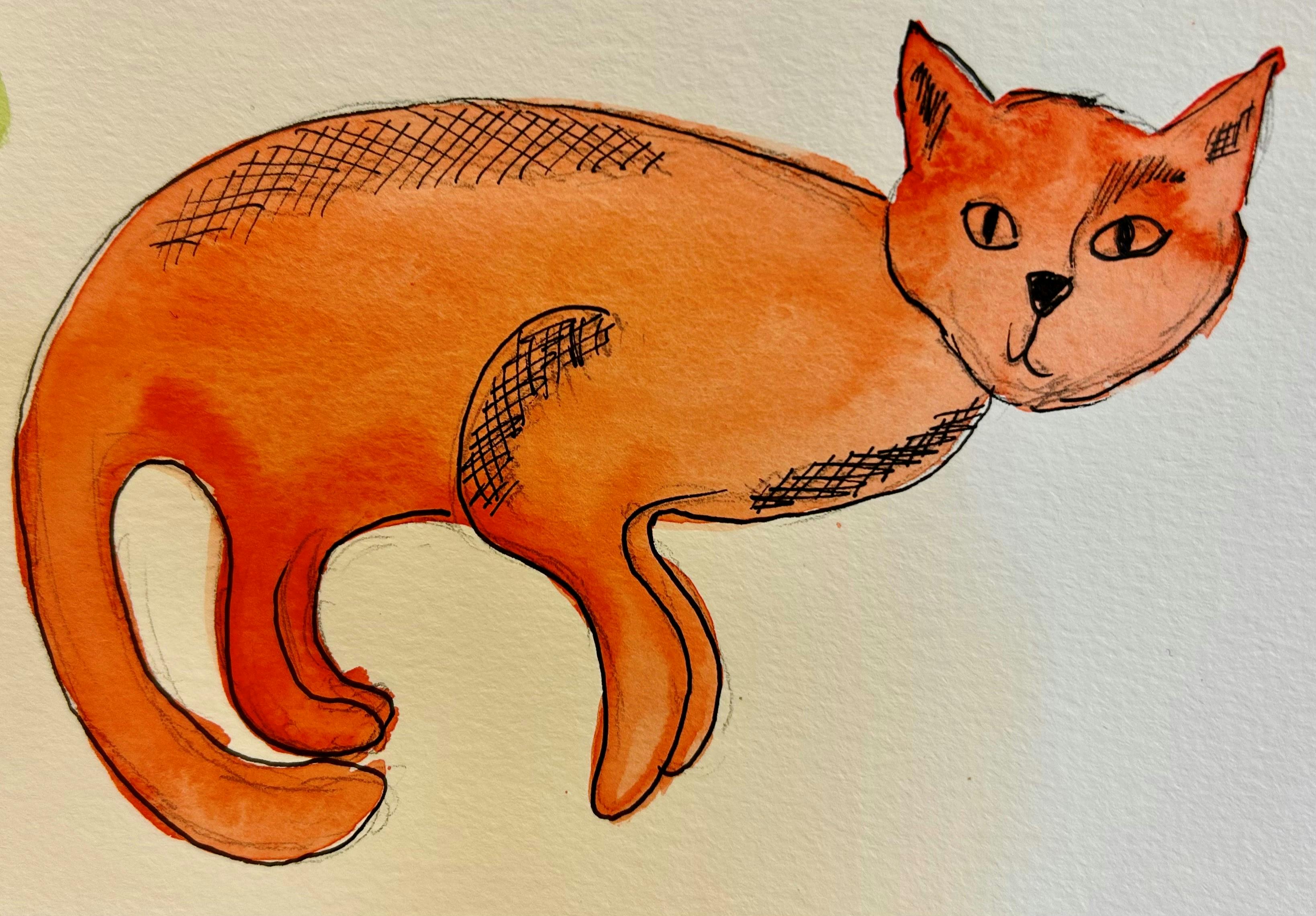 Image shows a drawing of an orange cat laying down with their legs out in front of them