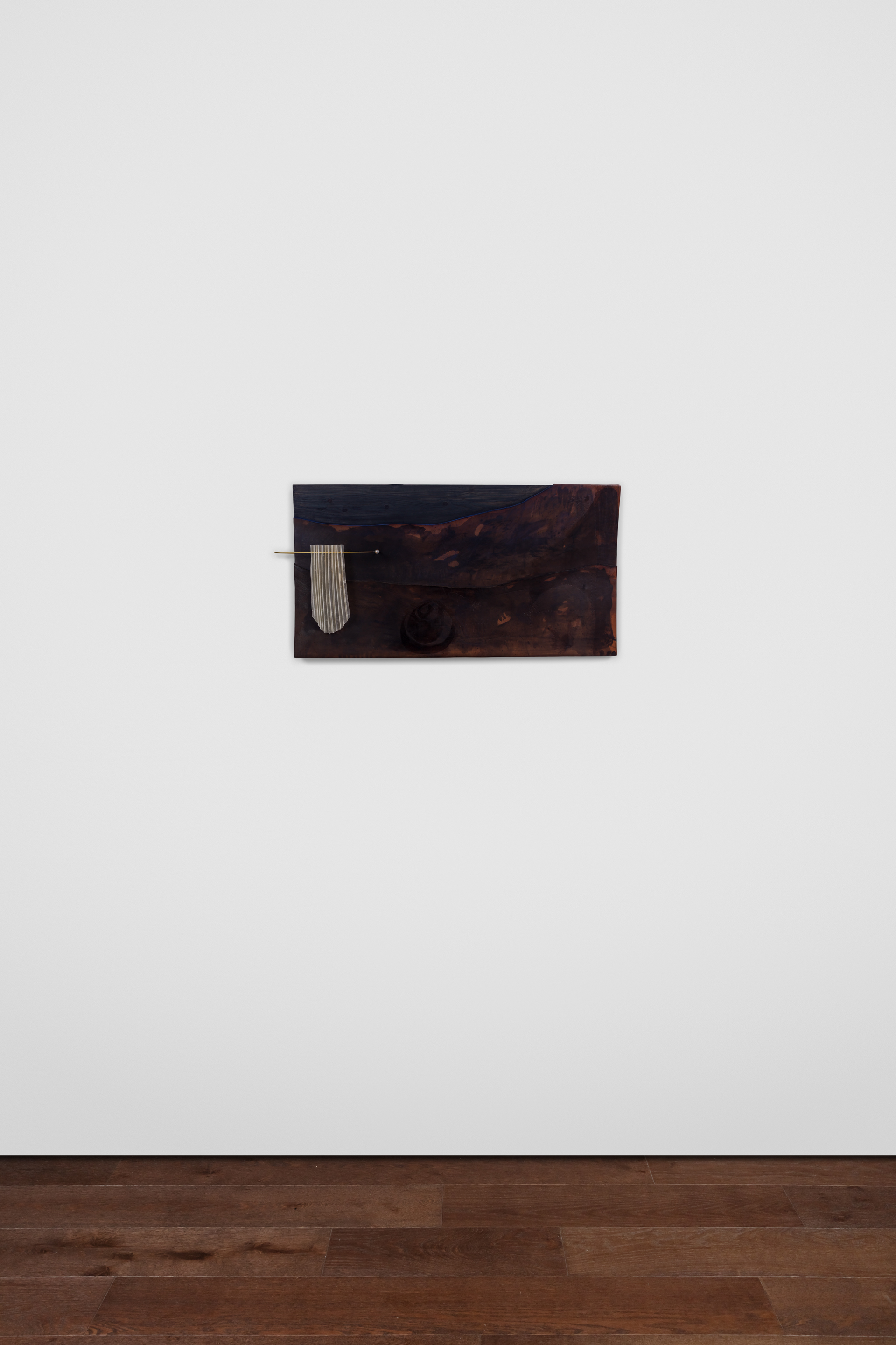 Frances Pinnock, Noctuary, 2025, Antique pine, leather, brass, vellum, iron sulphate, oil point, w 89 x h 45 x d 5 cm