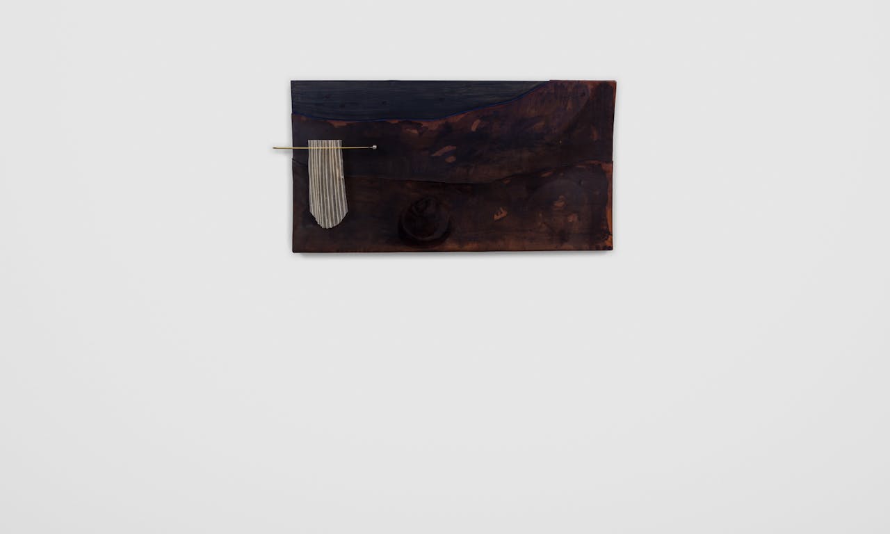 Frances Pinnock, Noctuary, 2025, Antique pine, leather, brass, vellum, iron sulphate, oil point, w 89 x h 45 x d 5 cm