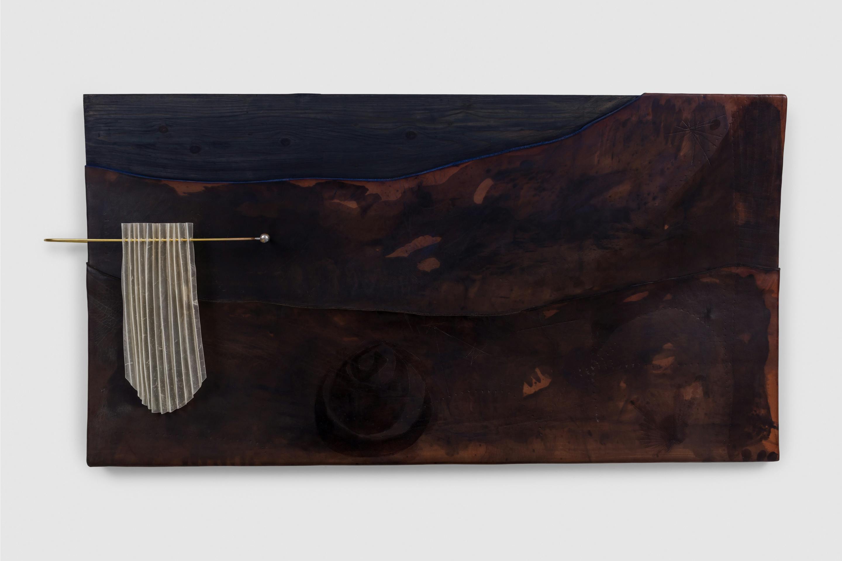 Frances Pinnock, Noctuary, 2025 Antique pine, leather, brass, vellum, iron sulphate, oil point w 89 x h 45 x d 5 cm