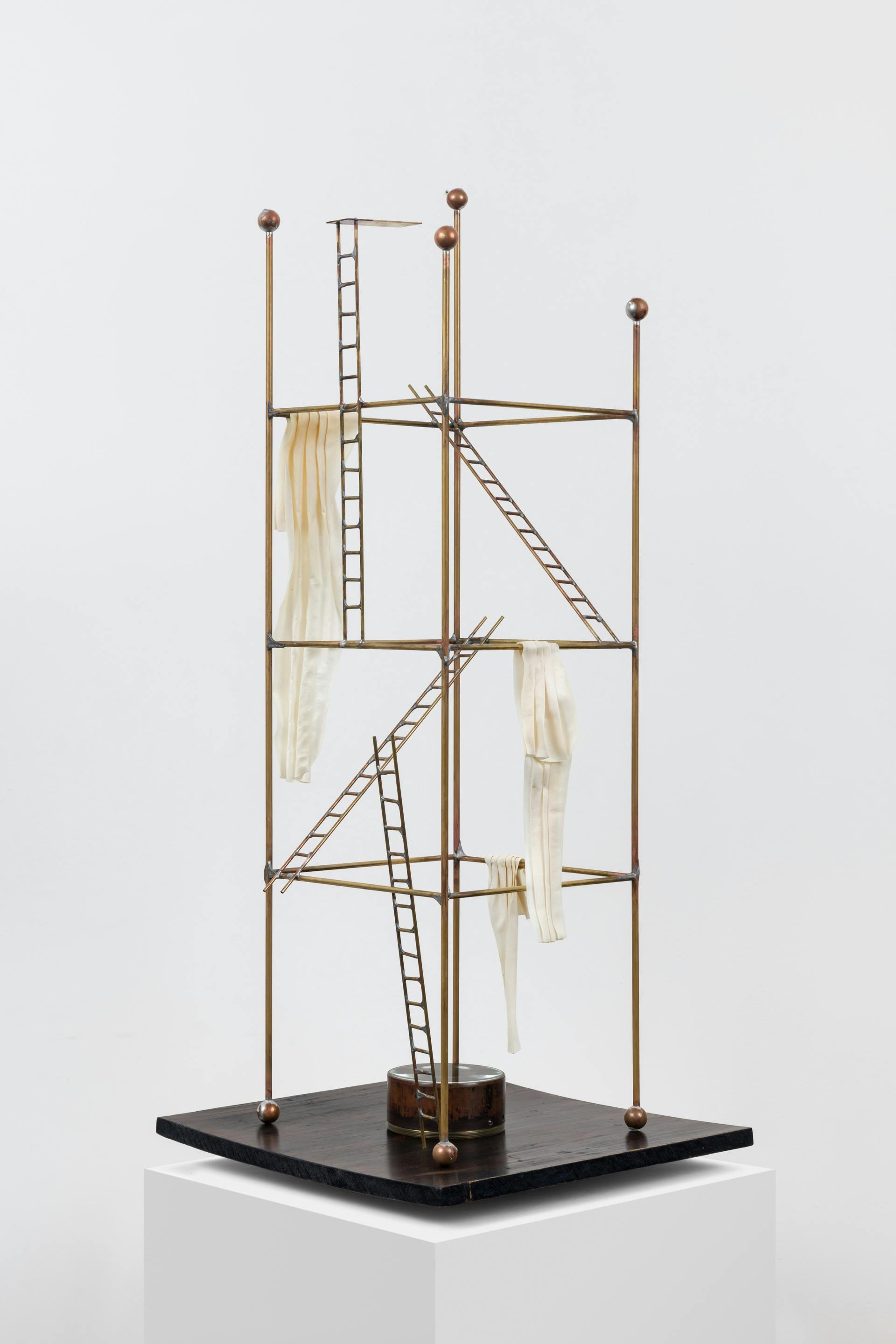 Frances Pinnock, Poolside, 2025, Antique pine panel, brass, vellum, antique magnifying glass  © Frances Pinnock