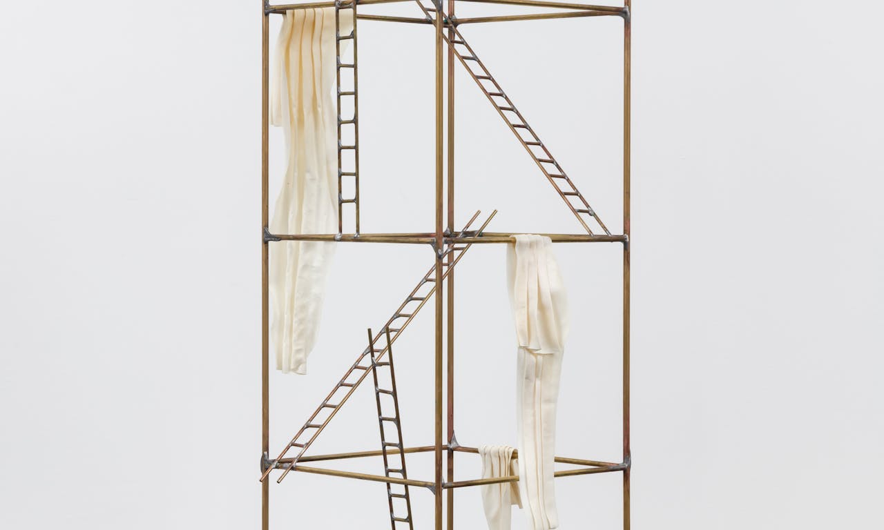 Frances Pinnock, Poolside, 2025, Antique pine panel, brass, vellum, antique magnifying glass  © Frances Pinnock