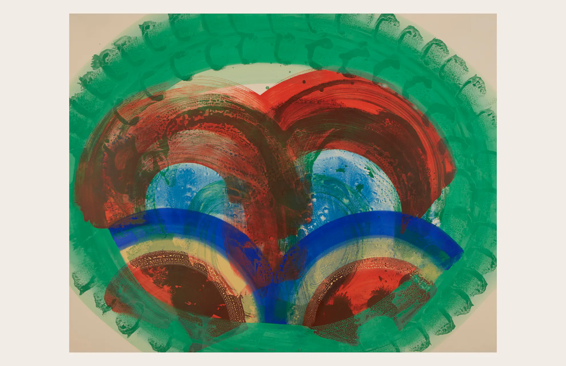 Painting of green oval framing a red palm tree and lower blue marking below