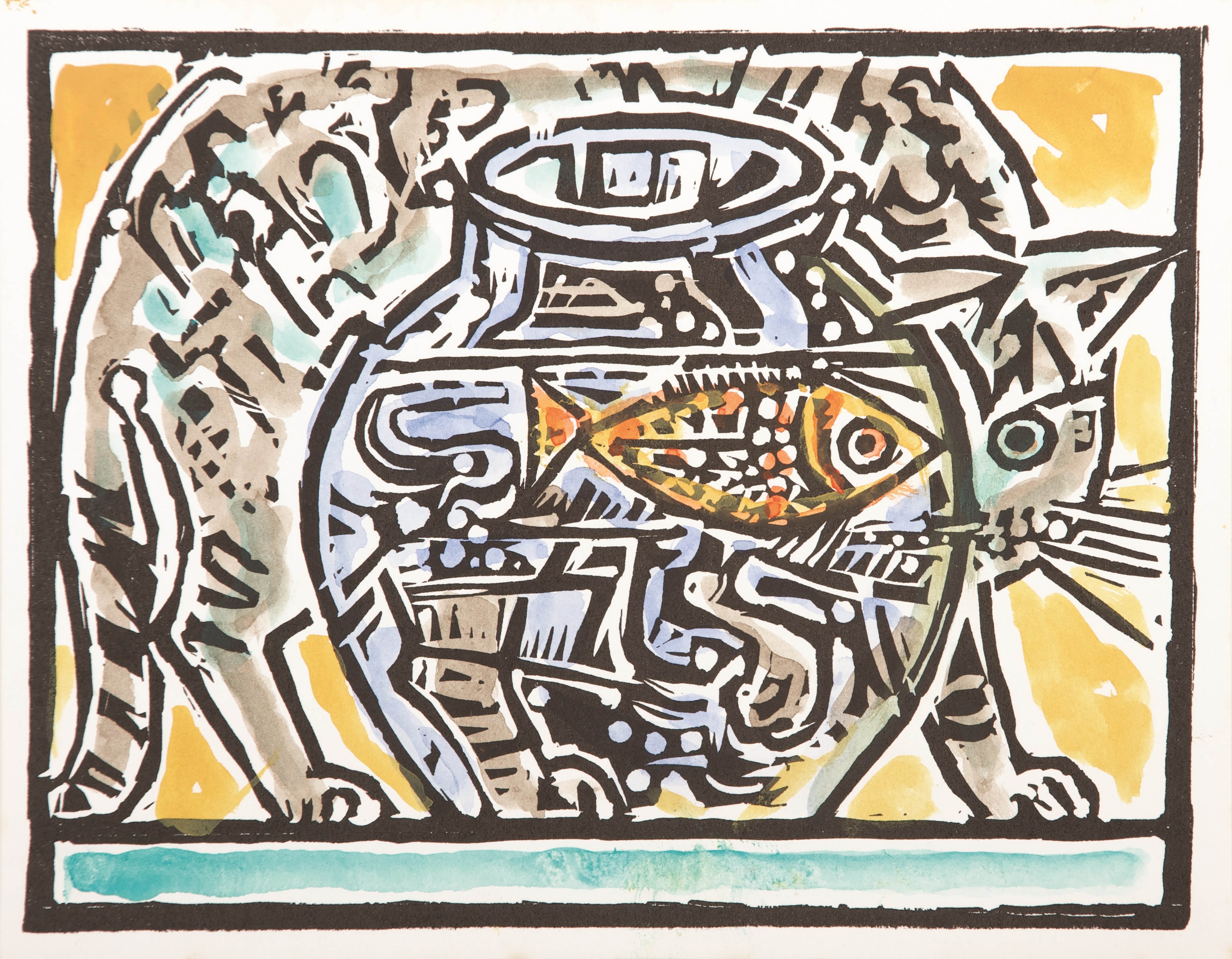 John Craxton (1922-2009) Cat and Goldfish, 1975 Linocut, Image courtesy of The Ingram Collection  © The Estate of John Craxton, Licenced by DACS, London, 2025
