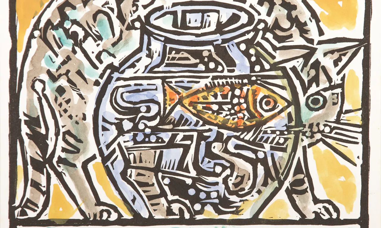 John Craxton (1922-2009) Cat and Goldfish, 1975 Linocut, Image courtesy of The Ingram Collection © The Estate of John Craxton, Licenced by DACS, London, 2025
