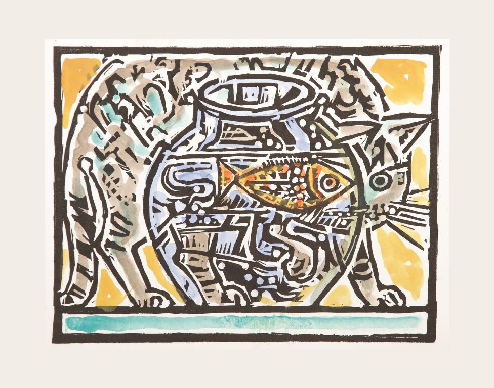 John Craxton (1922-2009) Cat and Goldfish, 1975 Linocut, Image courtesy of The Ingram Collection  © The Estate of John Craxton, Licenced by DACS, London, 2025